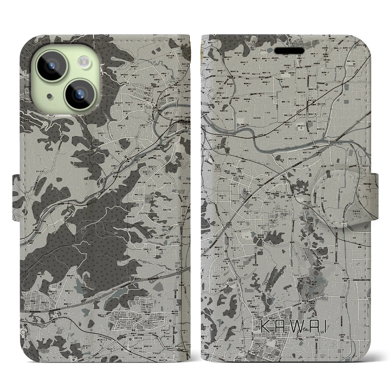 【河合(奈良県)】地図柄iPhoneケース(手帳タイプ)モノトーン・iPhone 15 用