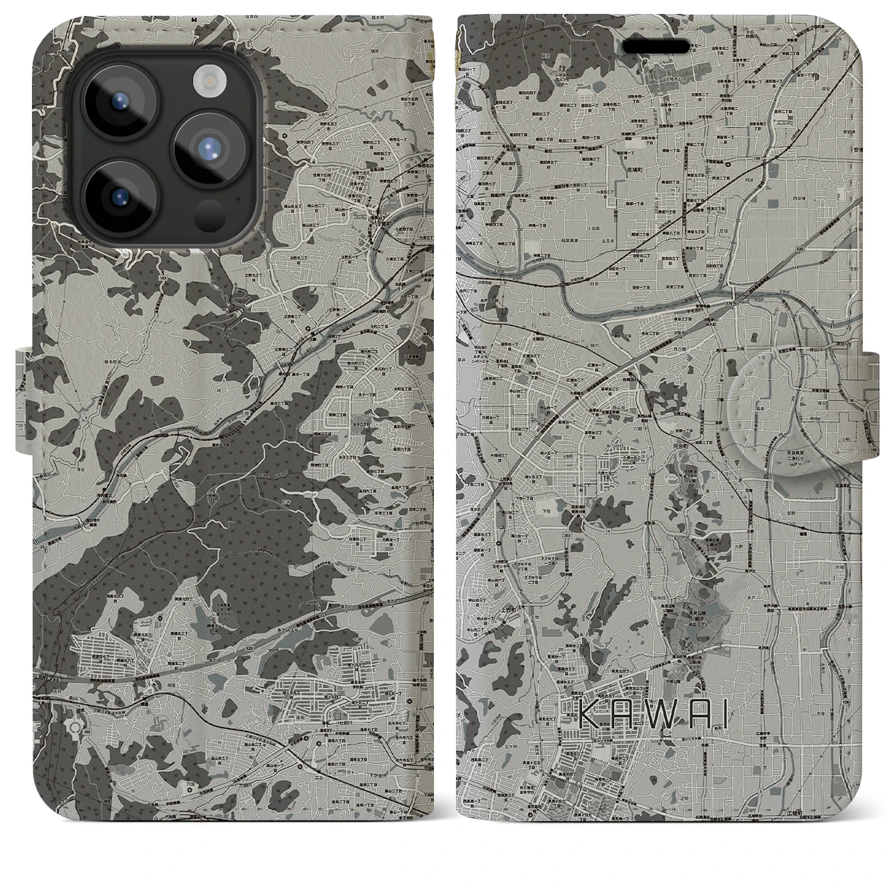 【河合(奈良県)】地図柄iPhoneケース(手帳タイプ)モノトーン・iPhone 15 Pro Max 用