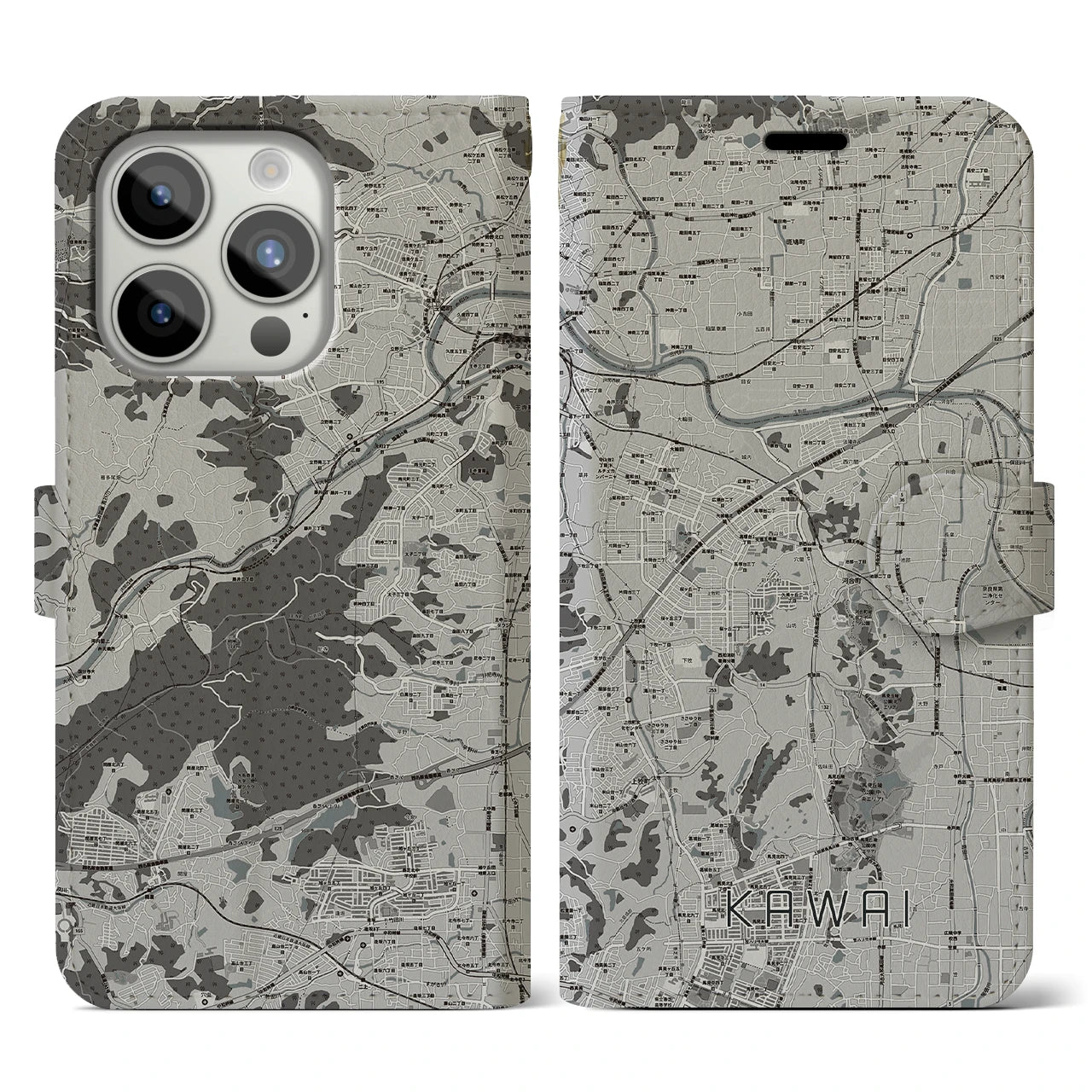 【河合(奈良県)】地図柄iPhoneケース(手帳タイプ)モノトーン・iPhone 15 Pro 用