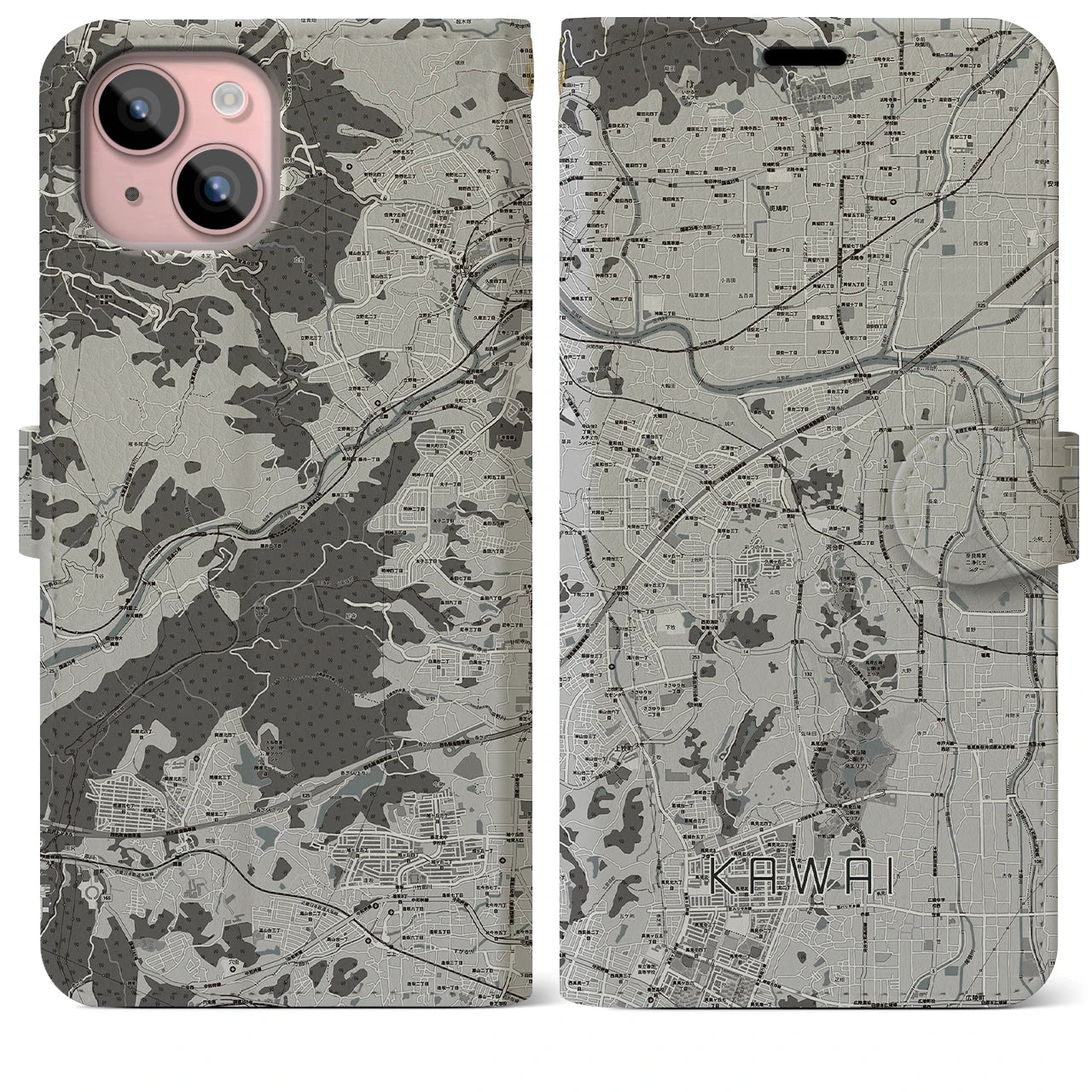 【河合(奈良県)】地図柄iPhoneケース(手帳タイプ)モノトーン・iPhone 15 Plus 用