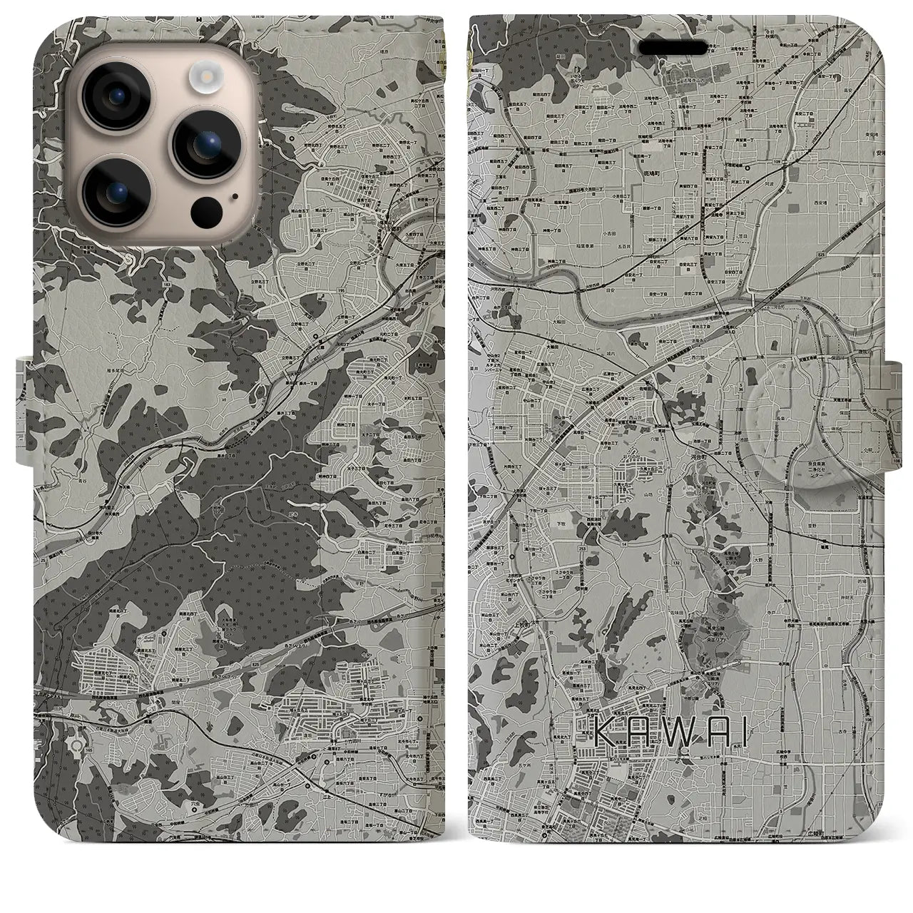 【河合(奈良県)】地図柄iPhoneケース(手帳タイプ)モノトーン・iPhone 16 Plus 用