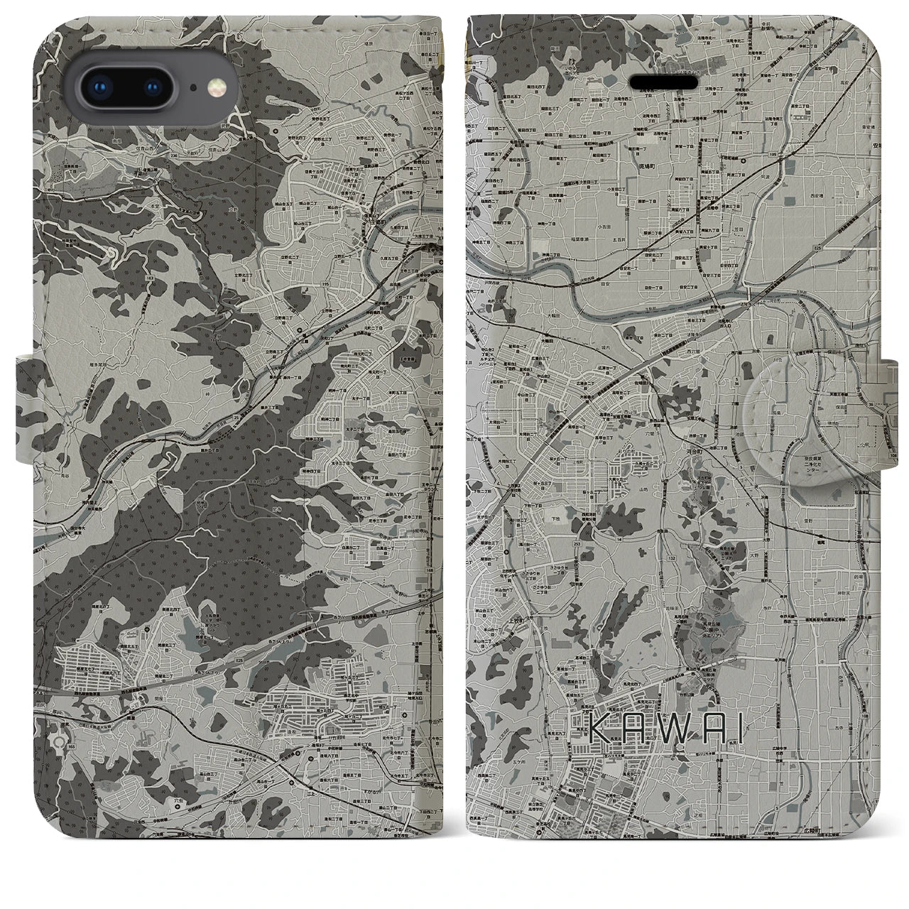 【河合(奈良県)】地図柄iPhoneケース(手帳タイプ)モノトーン・iPhone 8Plus /7Plus / 6sPlus / 6Plus 用