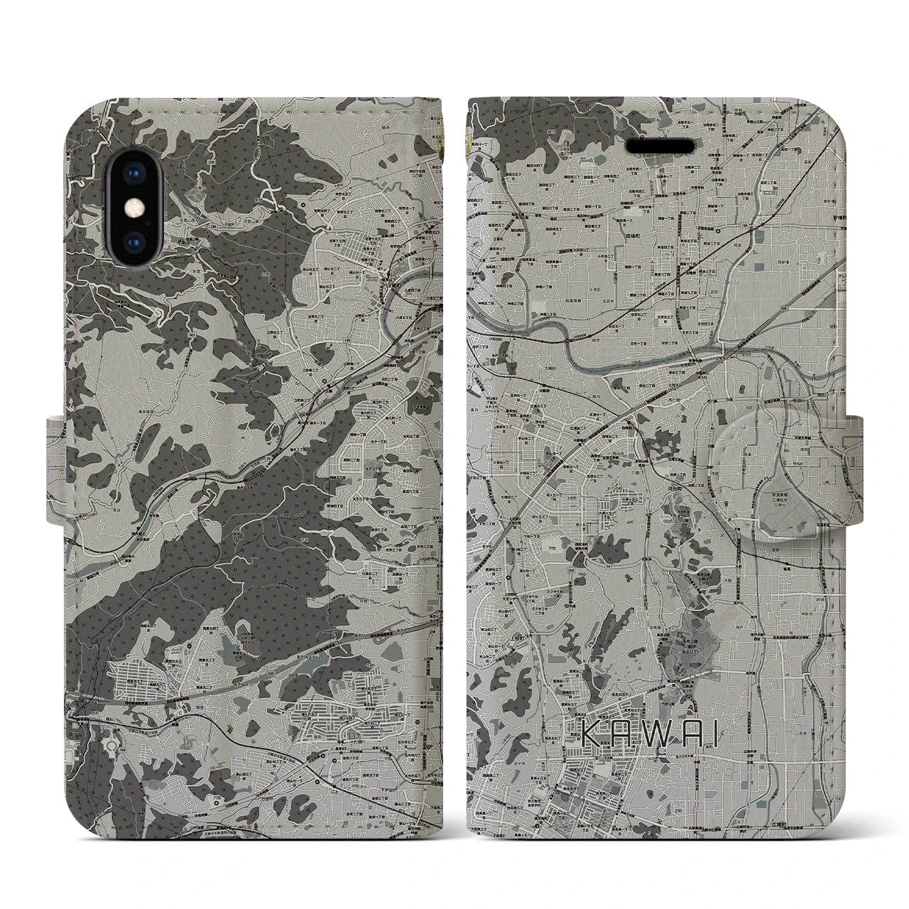 【河合(奈良県)】地図柄iPhoneケース(手帳タイプ)モノトーン・iPhone XS / X 用