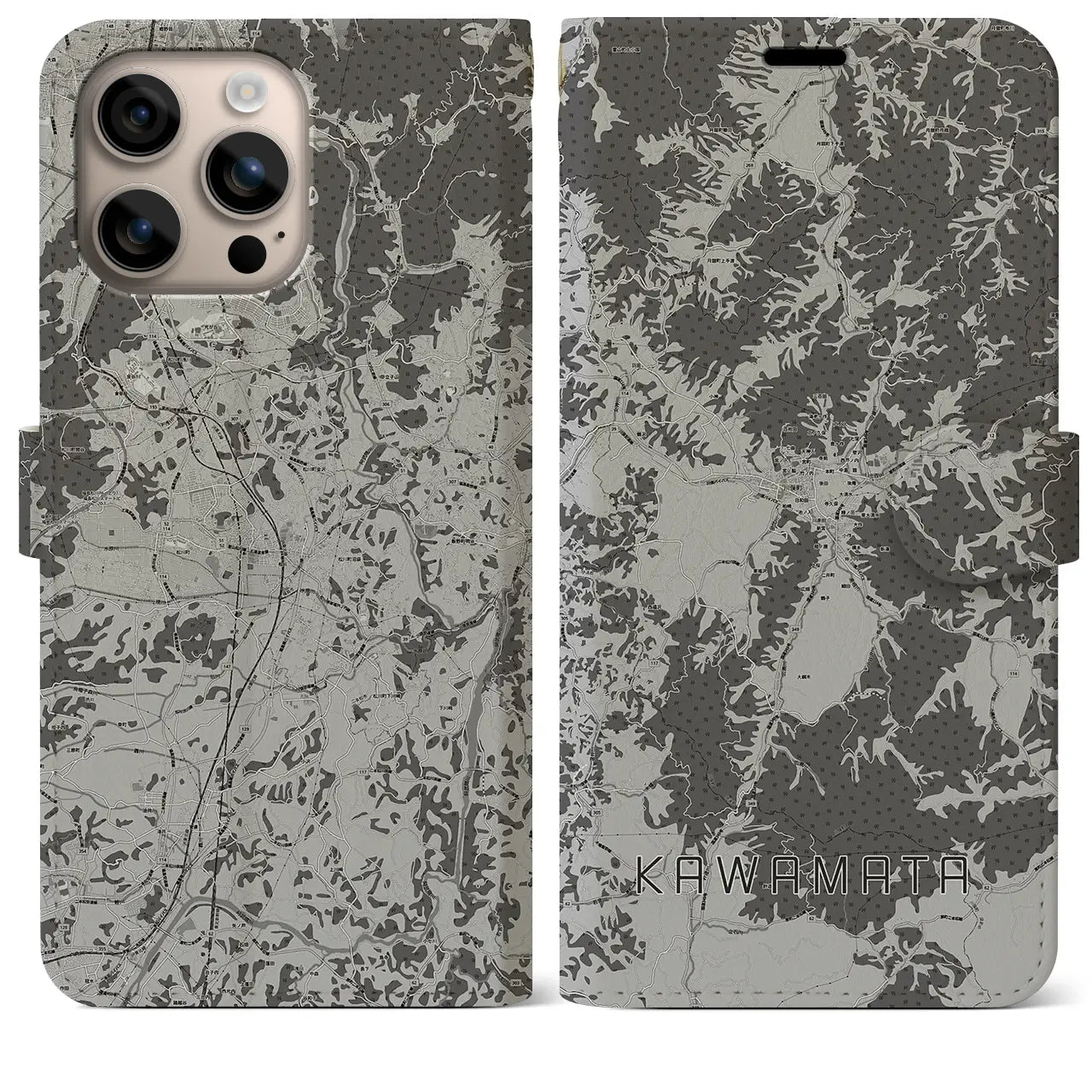 【川俣(福島県)】地図柄iPhoneケース(手帳タイプ)モノトーン・iPhone 16 Plus 用