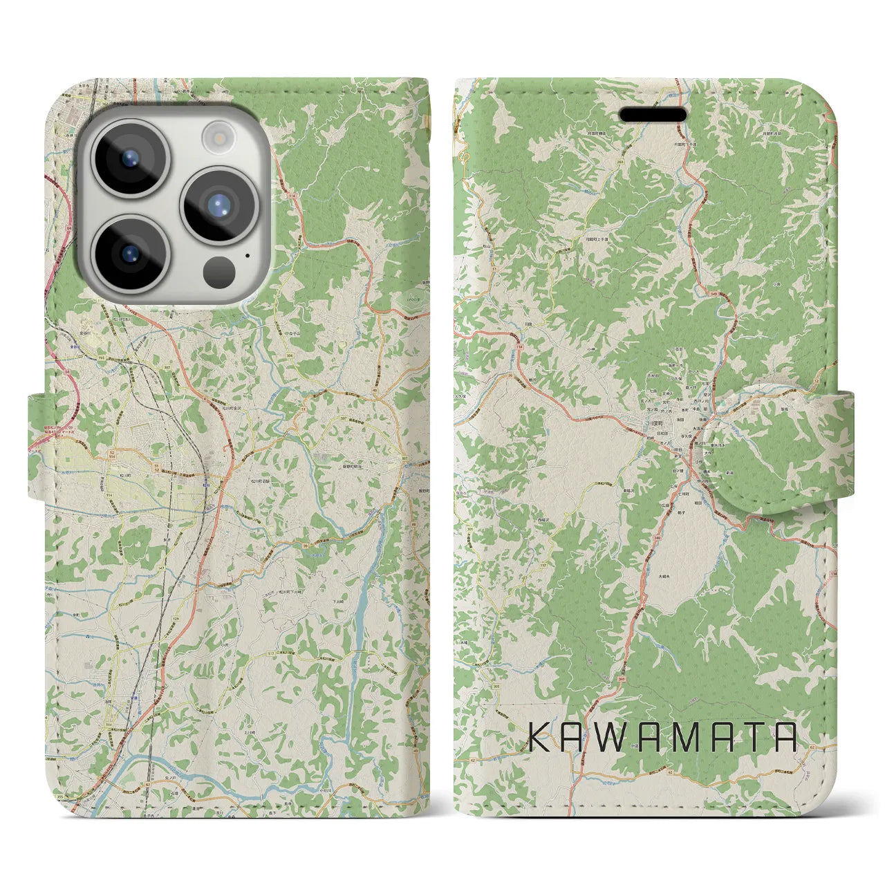【川俣(福島県)】地図柄iPhoneケース(手帳タイプ)ナチュラル・iPhone 15 Pro 用