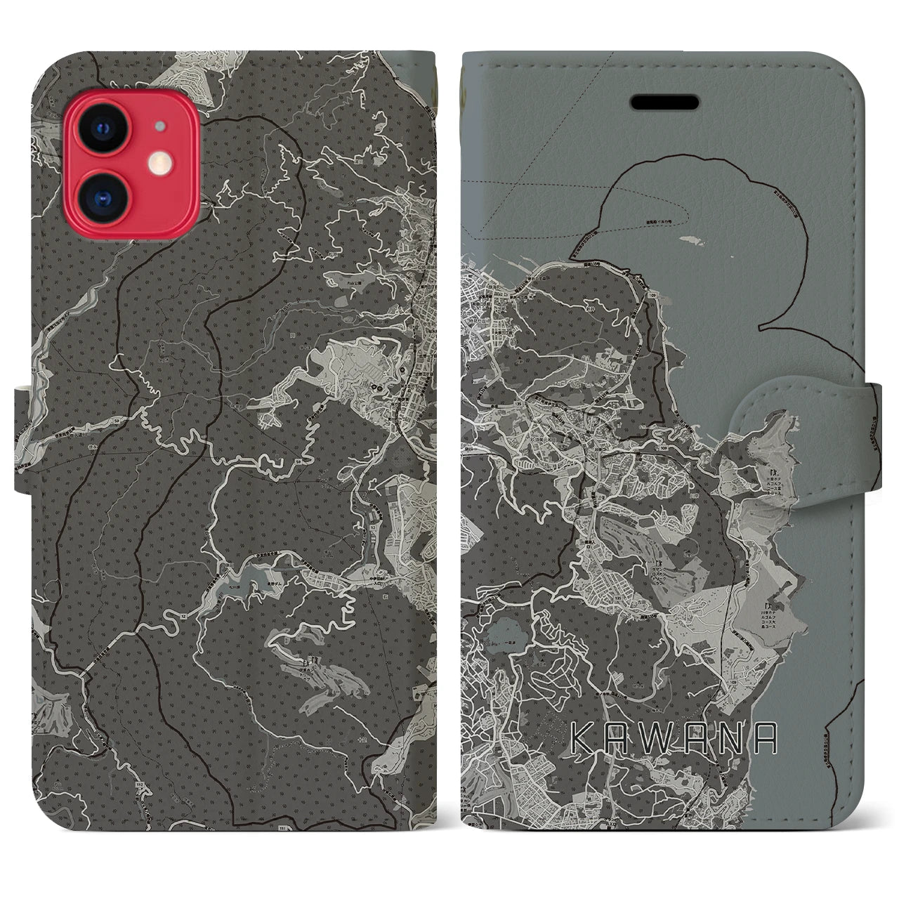 【川奈(静岡県)】地図柄iPhoneケース(手帳タイプ)モノトーン・iPhone 11 用