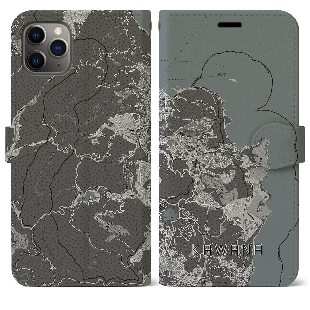 【川奈(静岡県)】地図柄iPhoneケース(手帳タイプ)モノトーン・iPhone 11 Pro Max 用
