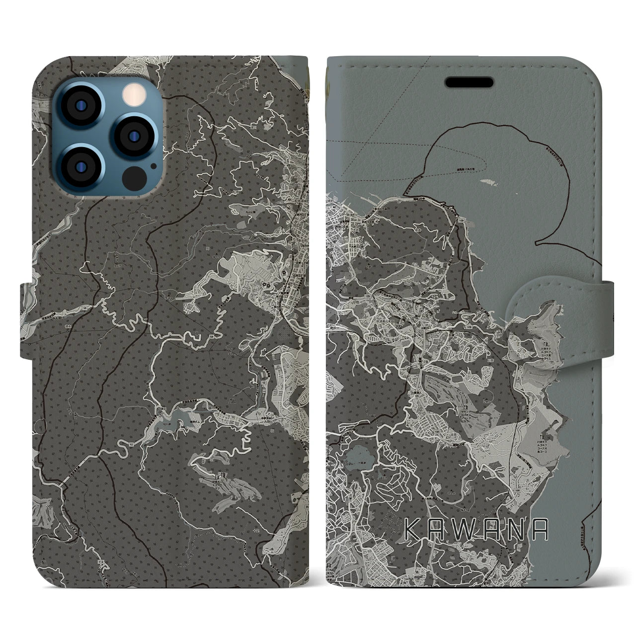 【川奈(静岡県)】地図柄iPhoneケース(手帳タイプ)モノトーン・iPhone 12 / 12 Pro 用