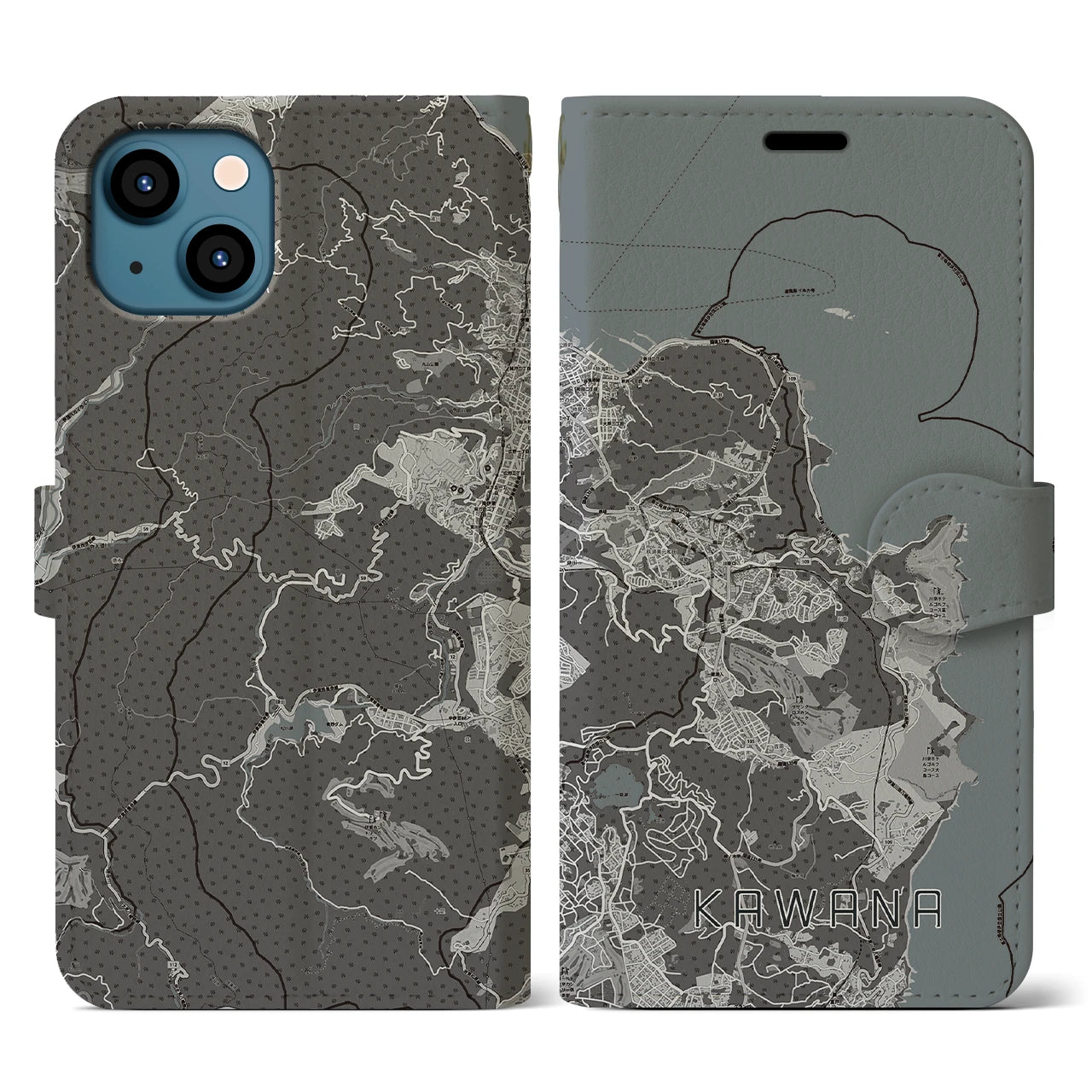 【川奈(静岡県)】地図柄iPhoneケース(手帳タイプ)モノトーン・iPhone 13 用
