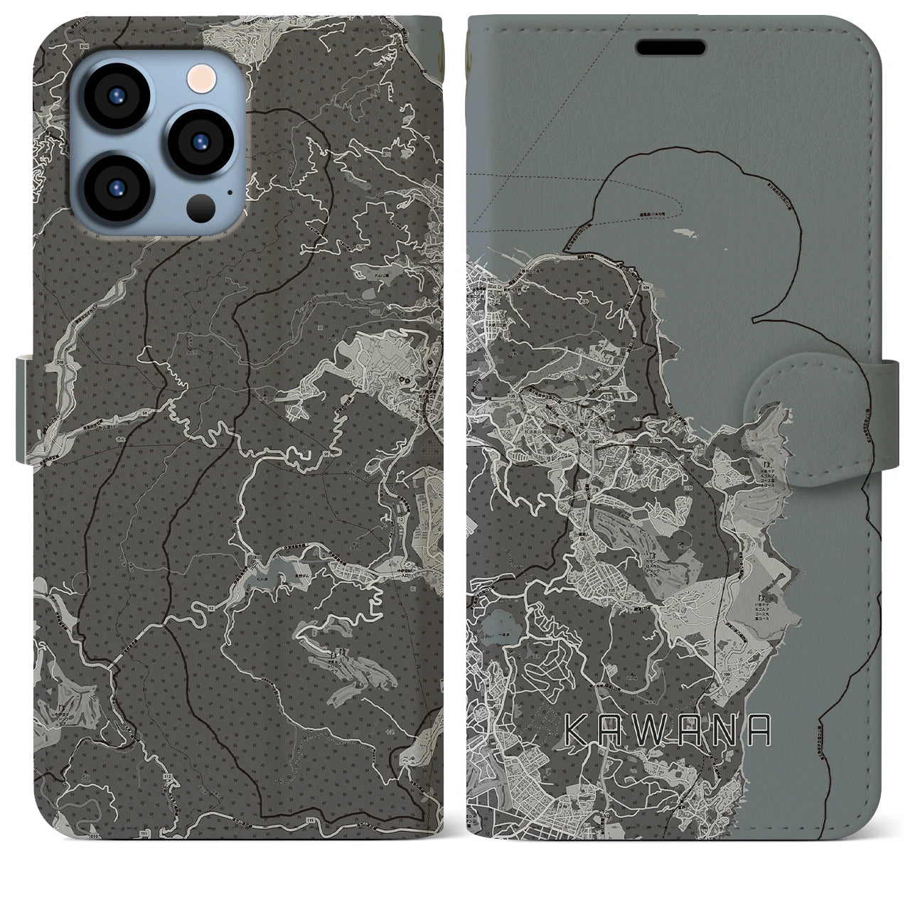 【川奈(静岡県)】地図柄iPhoneケース(手帳タイプ)モノトーン・iPhone 13 Pro Max 用
