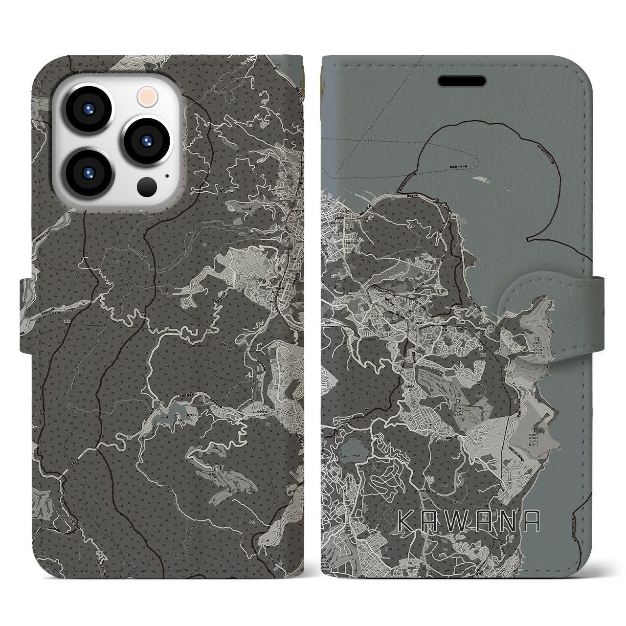 【川奈(静岡県)】地図柄iPhoneケース(手帳タイプ)モノトーン・iPhone 13 Pro 用