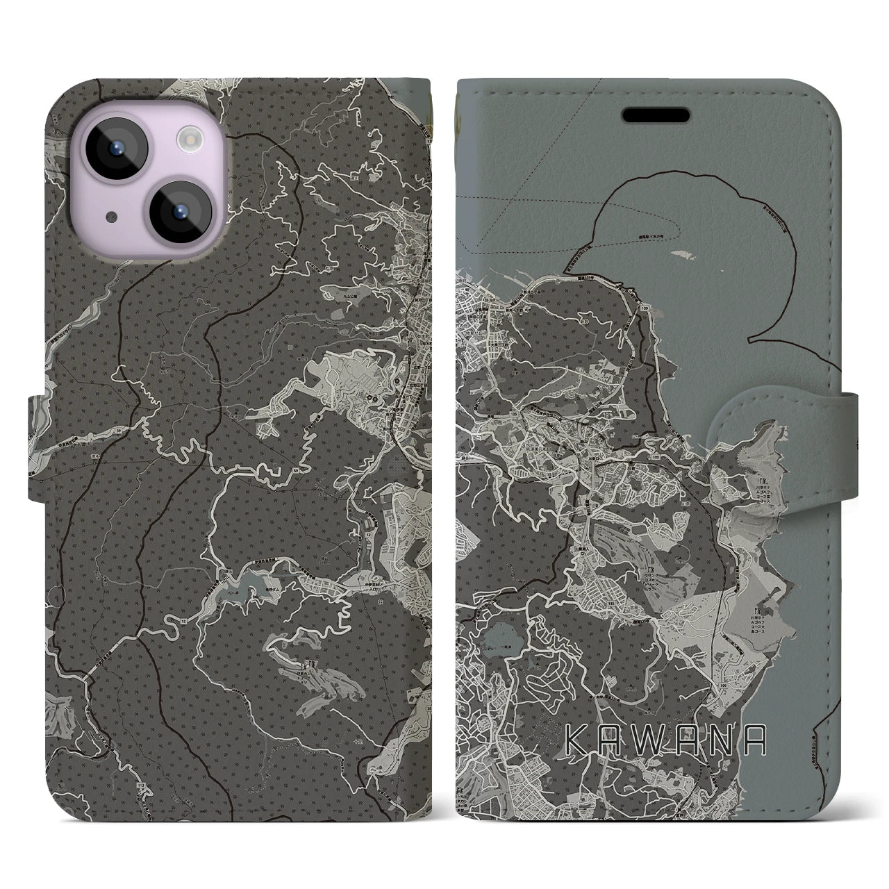 【川奈(静岡県)】地図柄iPhoneケース(手帳タイプ)モノトーン・iPhone 14 用