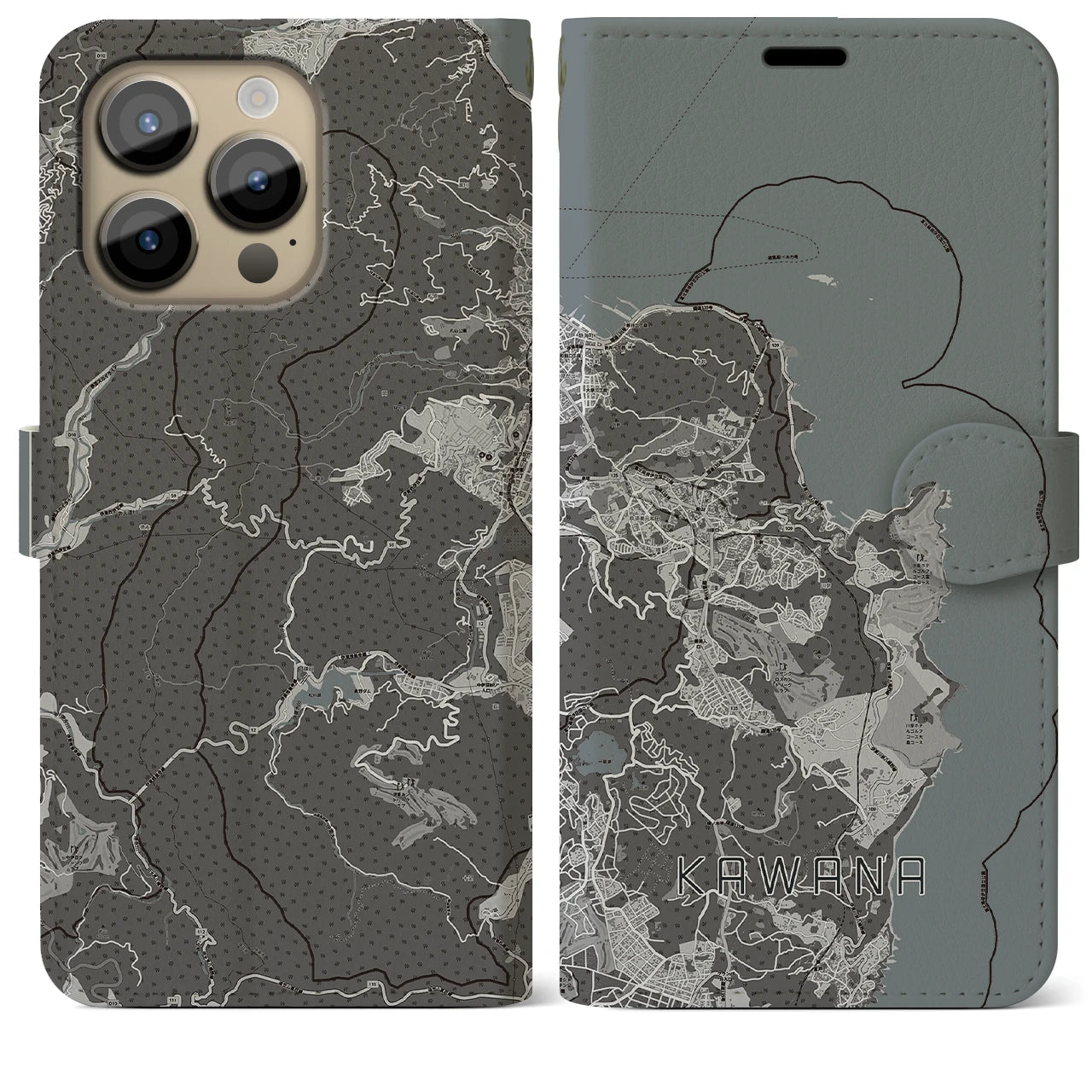 【川奈(静岡県)】地図柄iPhoneケース(手帳タイプ)モノトーン・iPhone 14 Pro Max 用