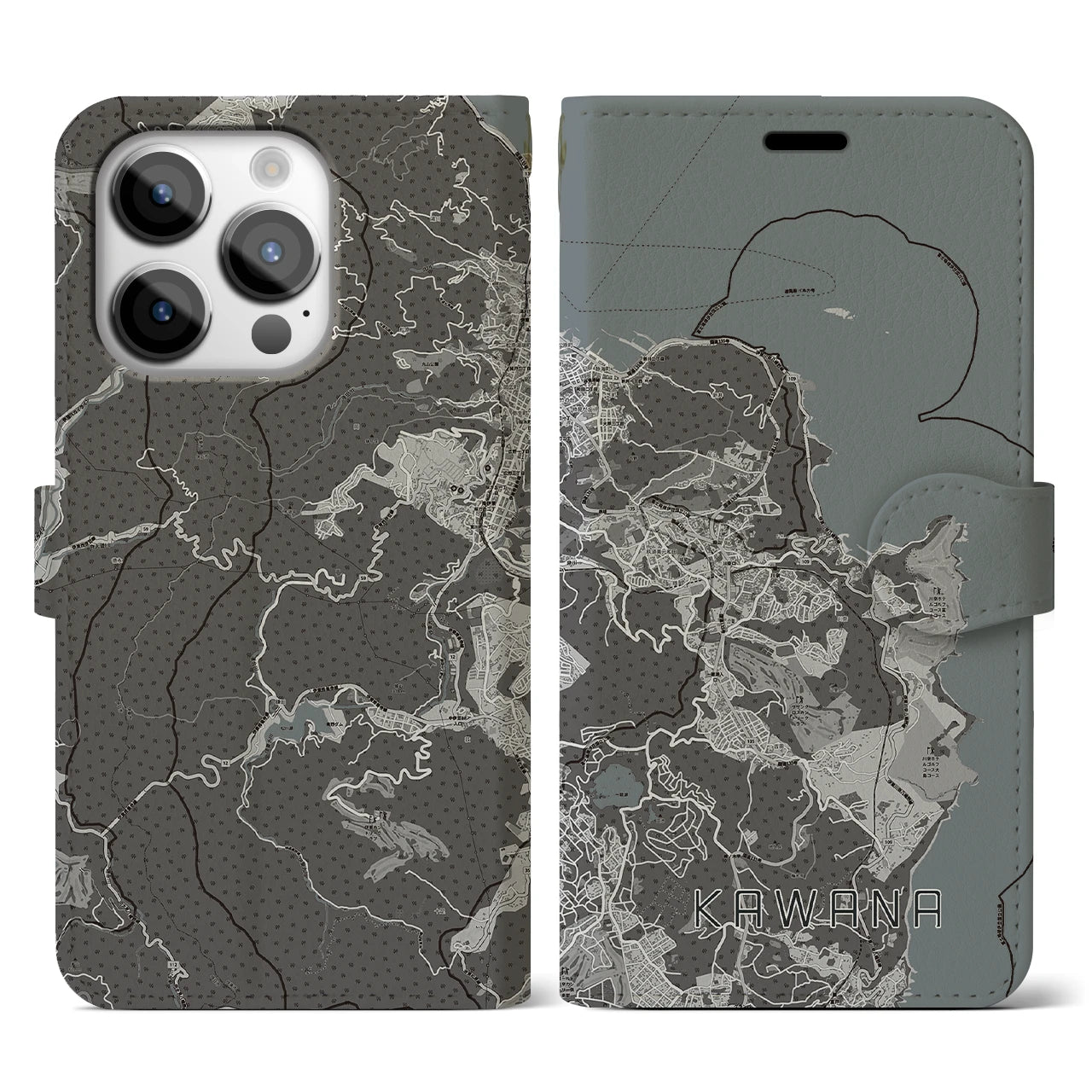【川奈(静岡県)】地図柄iPhoneケース(手帳タイプ)モノトーン・iPhone 14 Pro 用