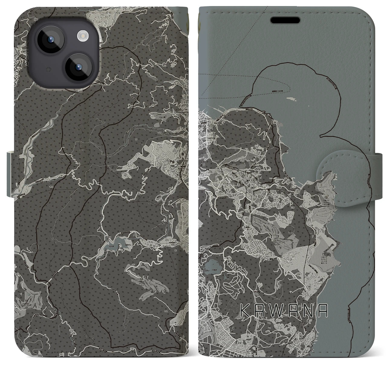 【川奈(静岡県)】地図柄iPhoneケース(手帳タイプ)モノトーン・iPhone 14 Plus 用