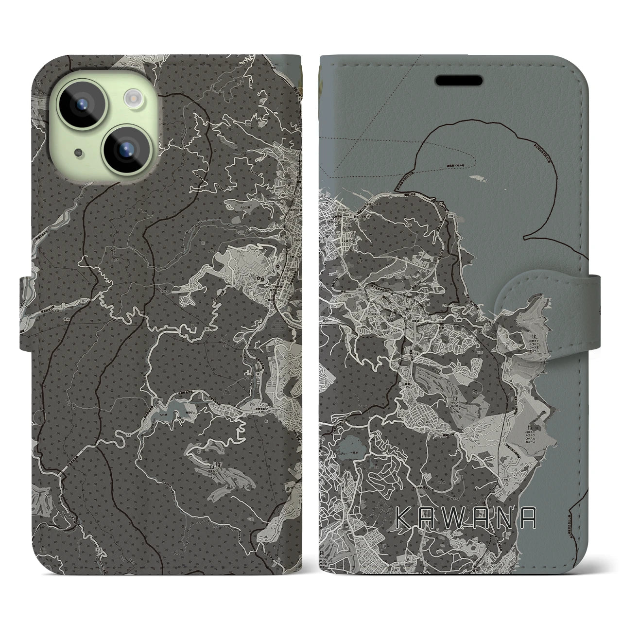 【川奈(静岡県)】地図柄iPhoneケース(手帳タイプ)モノトーン・iPhone 15 用