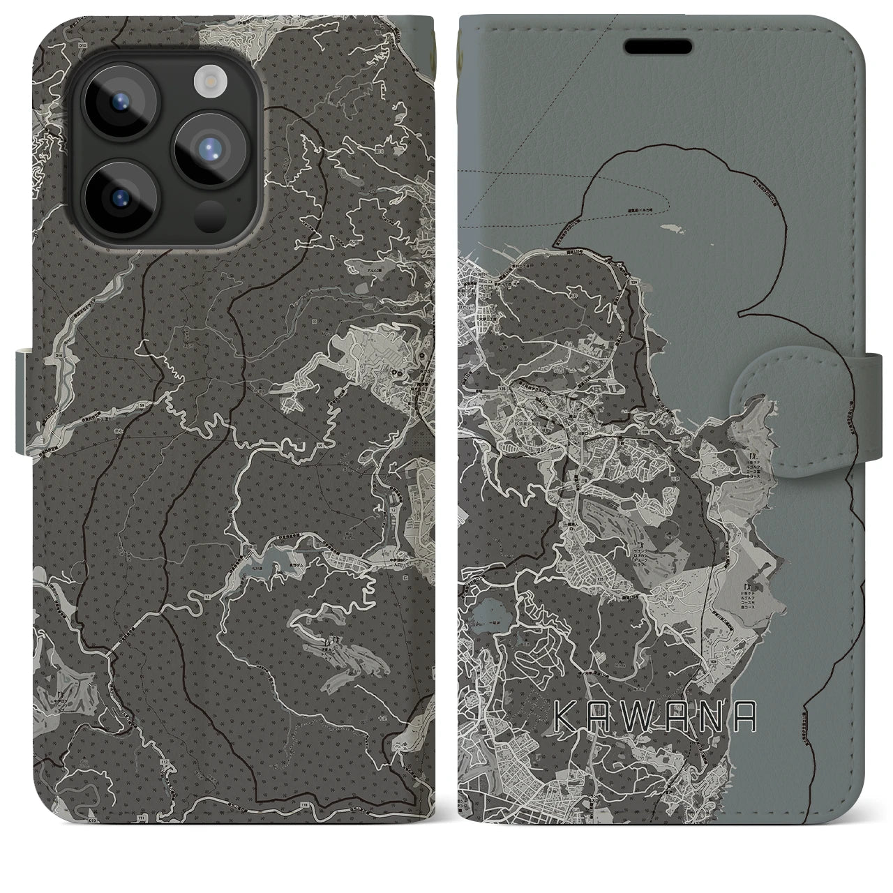 【川奈(静岡県)】地図柄iPhoneケース(手帳タイプ)モノトーン・iPhone 15 Pro Max 用
