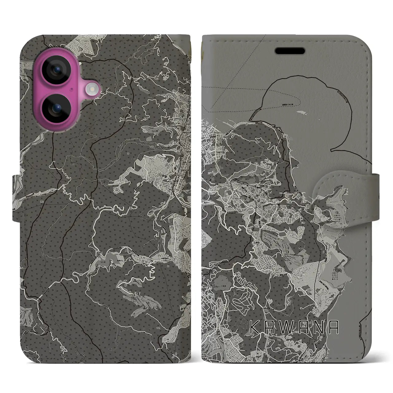 【川奈(静岡県)】地図柄iPhoneケース(手帳タイプ)モノトーン・iPhone 16 Pro 用