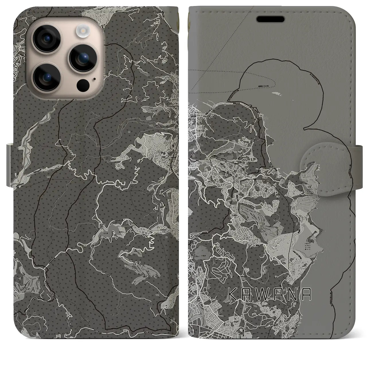 【川奈(静岡県)】地図柄iPhoneケース(手帳タイプ)モノトーン・iPhone 16 Plus 用