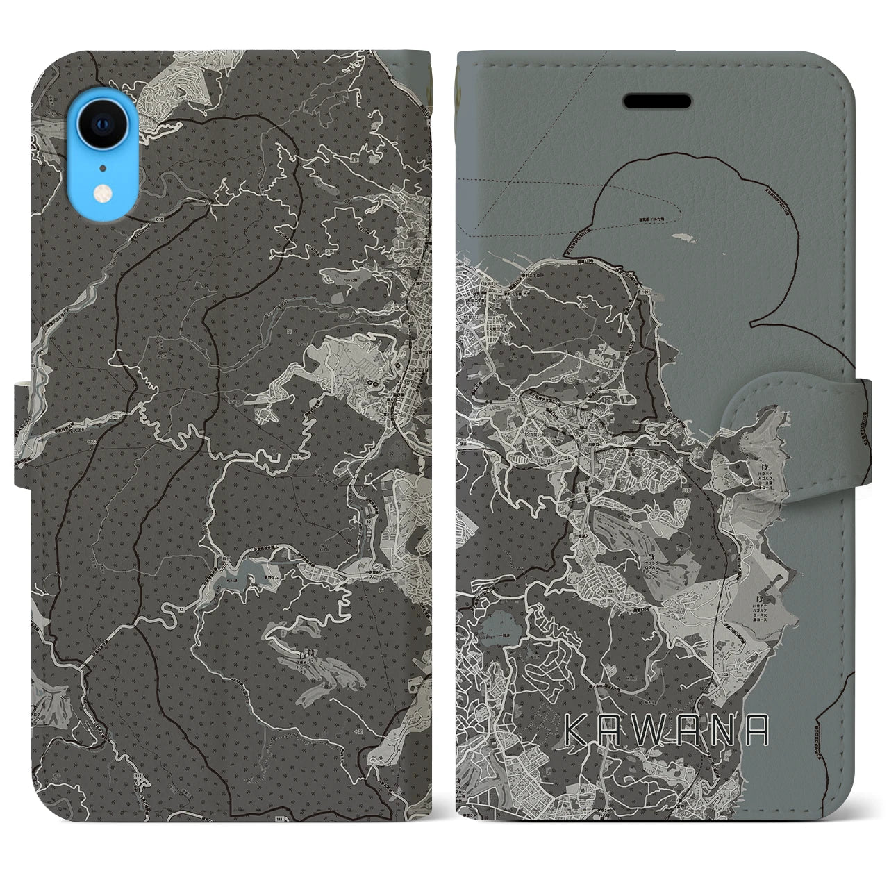【川奈(静岡県)】地図柄iPhoneケース(手帳タイプ)モノトーン・iPhone XR 用
