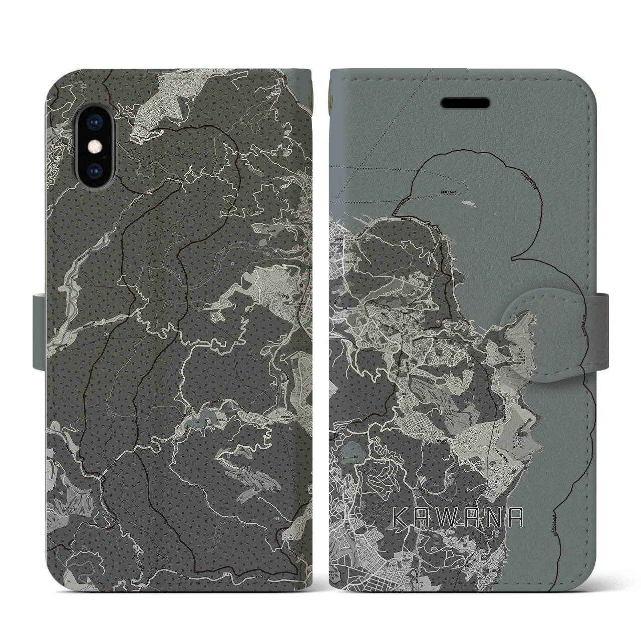 【川奈(静岡県)】地図柄iPhoneケース(手帳タイプ)モノトーン・iPhone XS / X 用