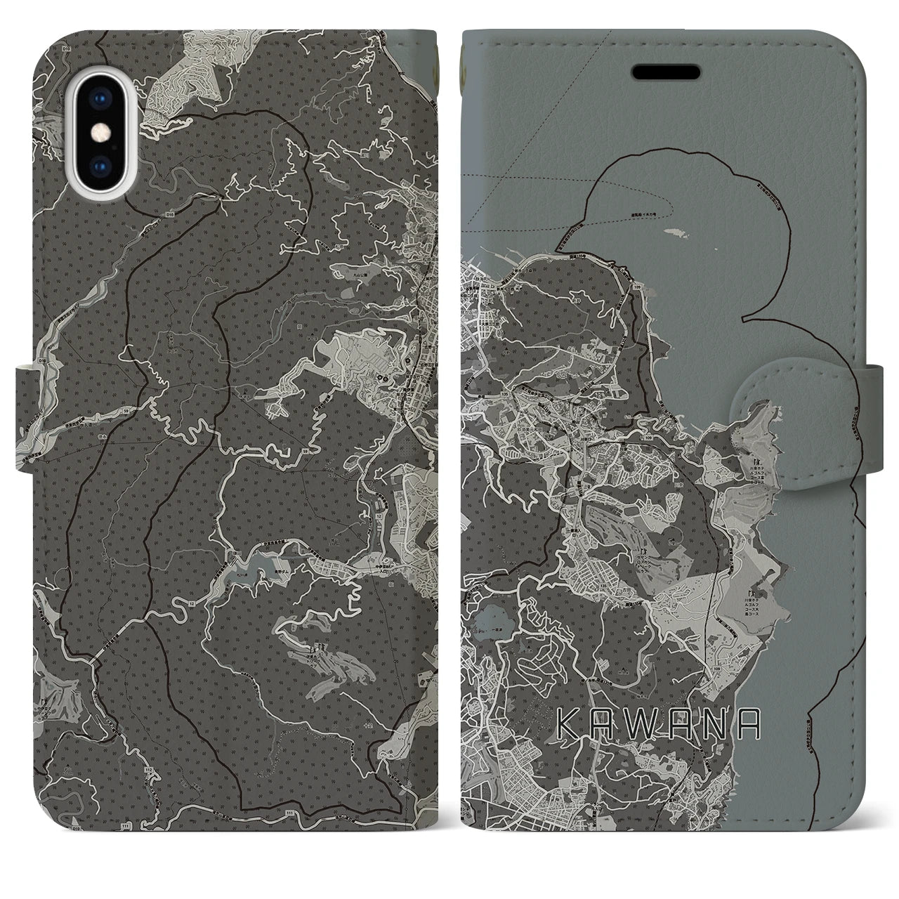 【川奈(静岡県)】地図柄iPhoneケース(手帳タイプ)モノトーン・iPhone XS Max 用