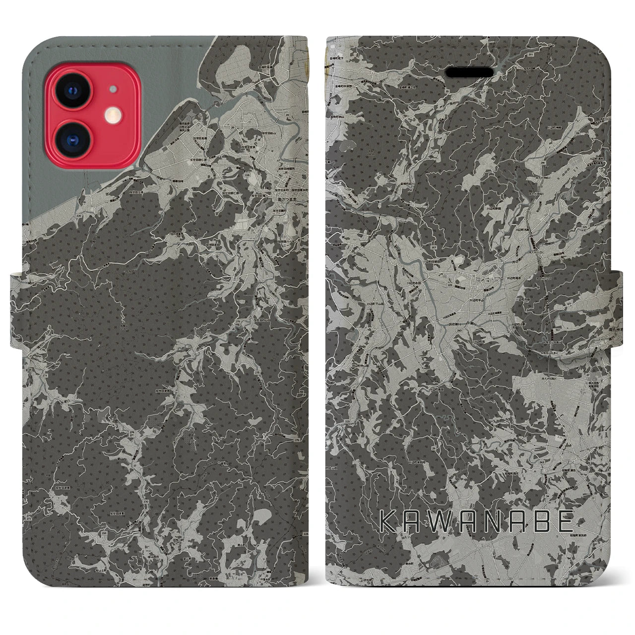 【川辺(鹿児島県)】地図柄iPhoneケース(手帳タイプ)モノトーン・iPhone 11 用