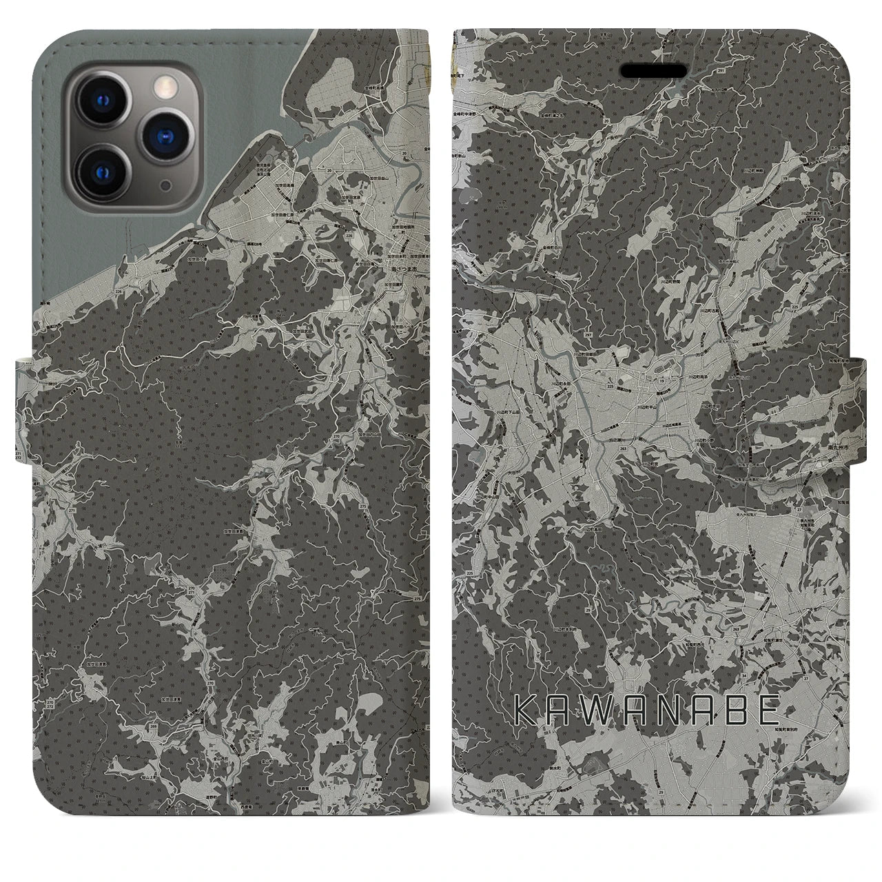 【川辺(鹿児島県)】地図柄iPhoneケース(手帳タイプ)モノトーン・iPhone 11 Pro Max 用