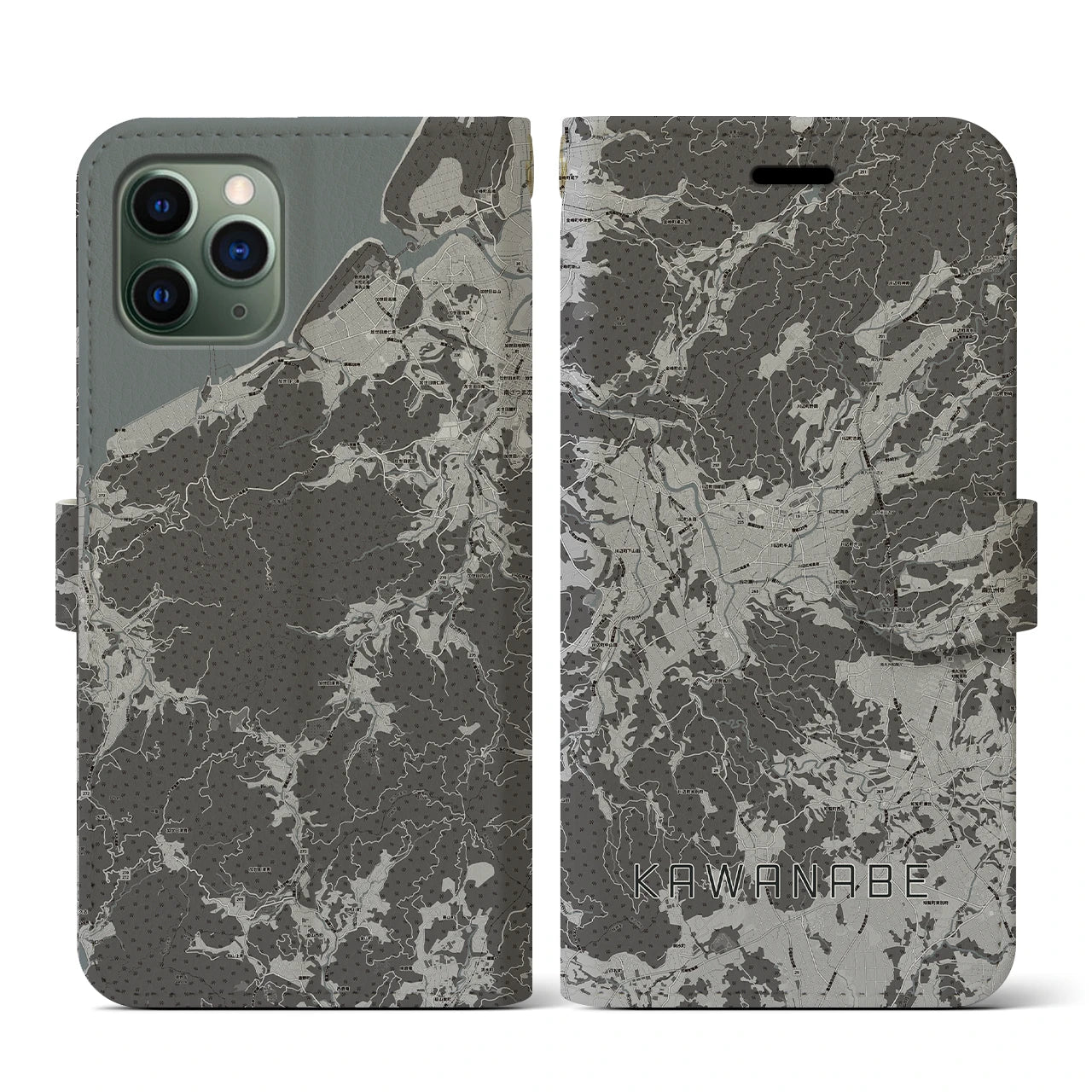 【川辺(鹿児島県)】地図柄iPhoneケース(手帳タイプ)モノトーン・iPhone 11 Pro 用