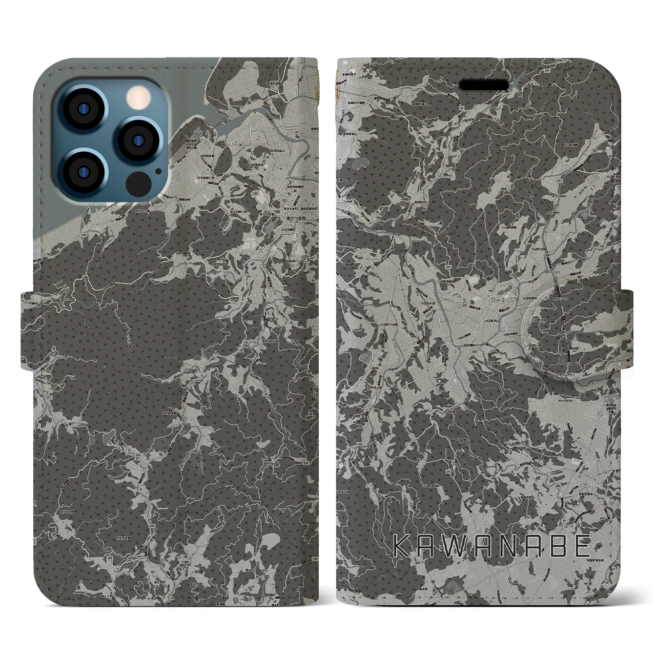 【川辺(鹿児島県)】地図柄iPhoneケース(手帳タイプ)モノトーン・iPhone 12 / 12 Pro 用