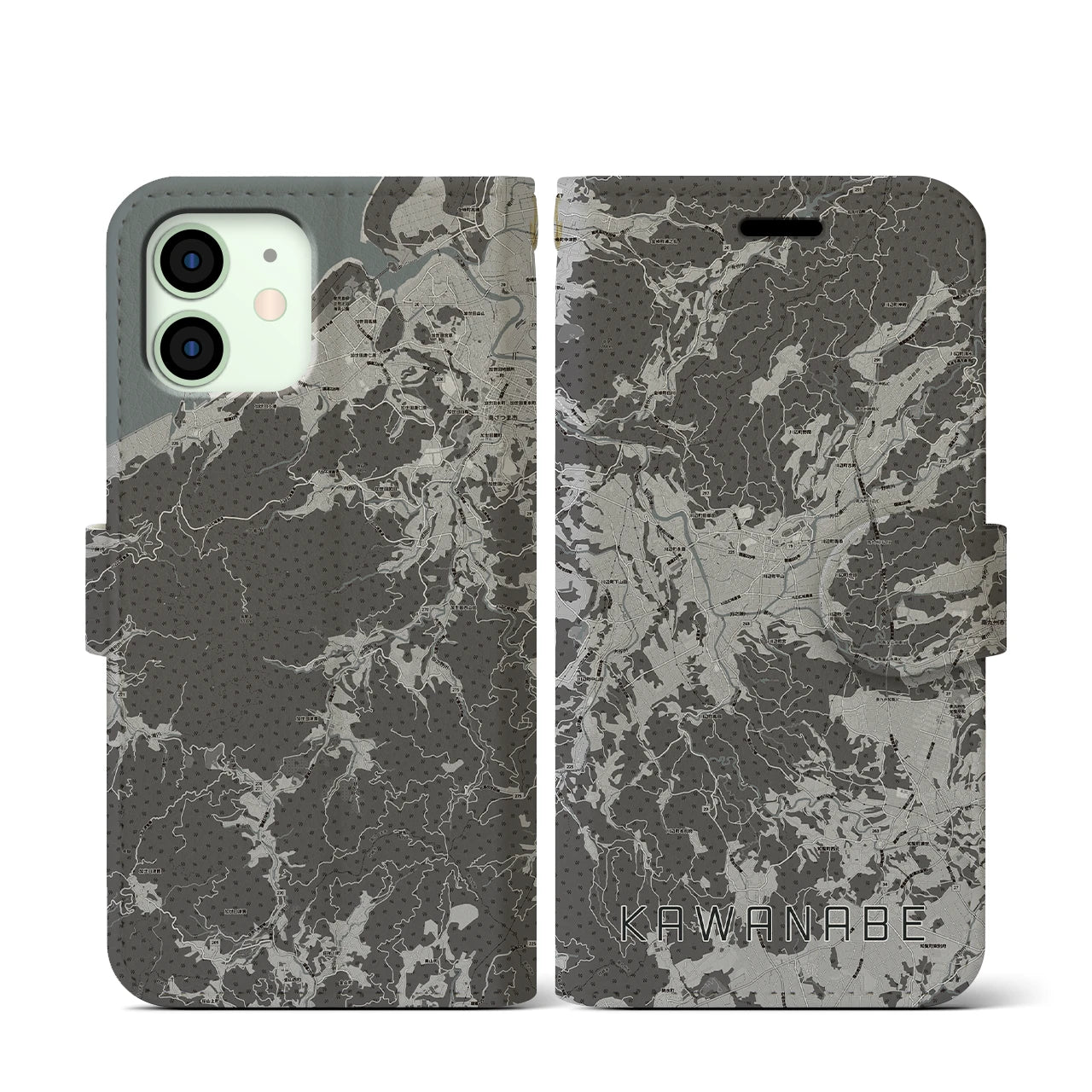 【川辺(鹿児島県)】地図柄iPhoneケース(手帳タイプ)モノトーン・iPhone 12 mini 用