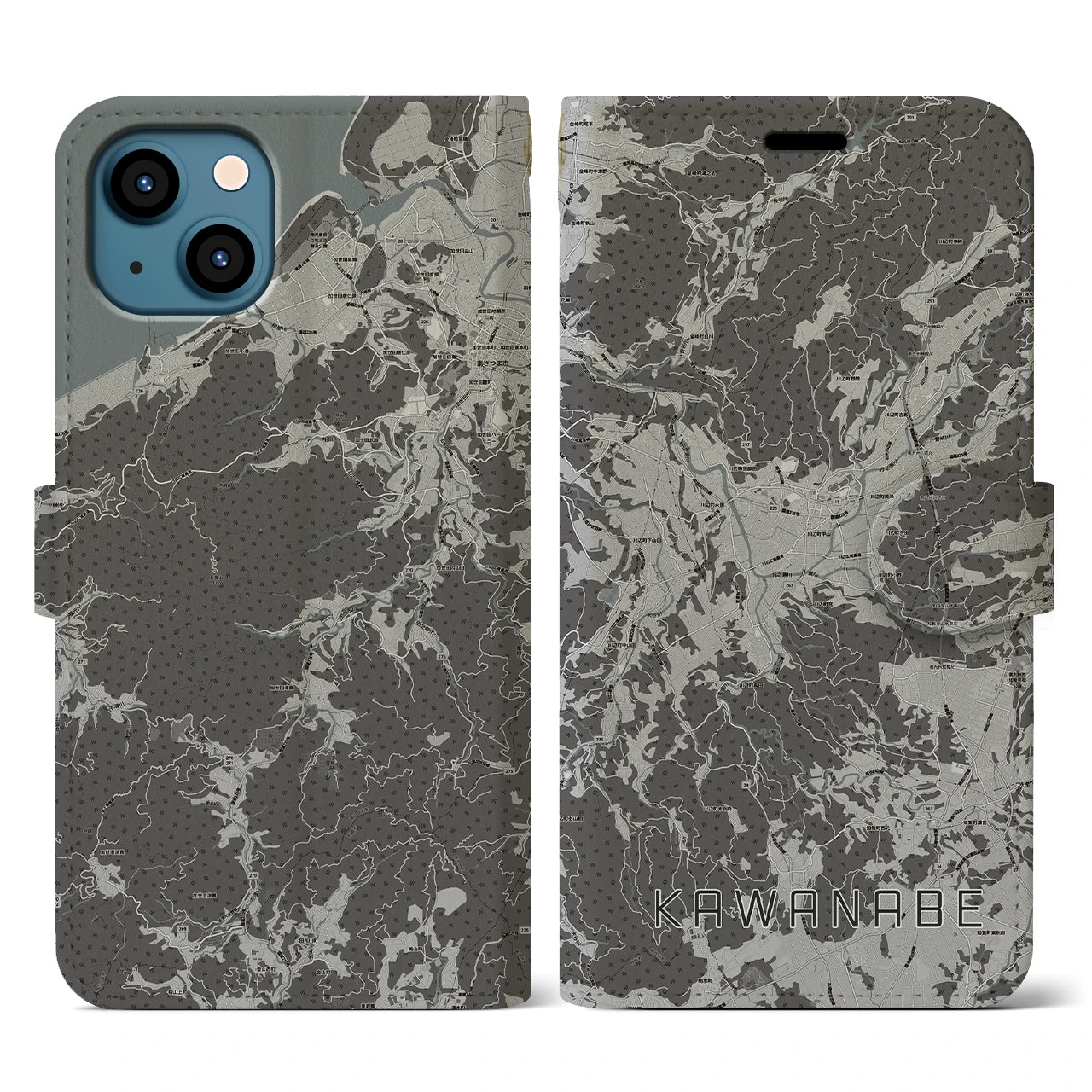 【川辺(鹿児島県)】地図柄iPhoneケース(手帳タイプ)モノトーン・iPhone 13 用