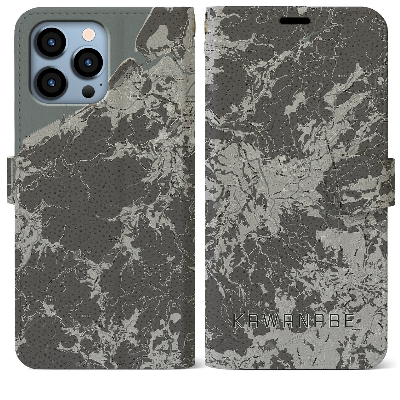 【川辺(鹿児島県)】地図柄iPhoneケース(手帳タイプ)モノトーン・iPhone 13 Pro Max 用
