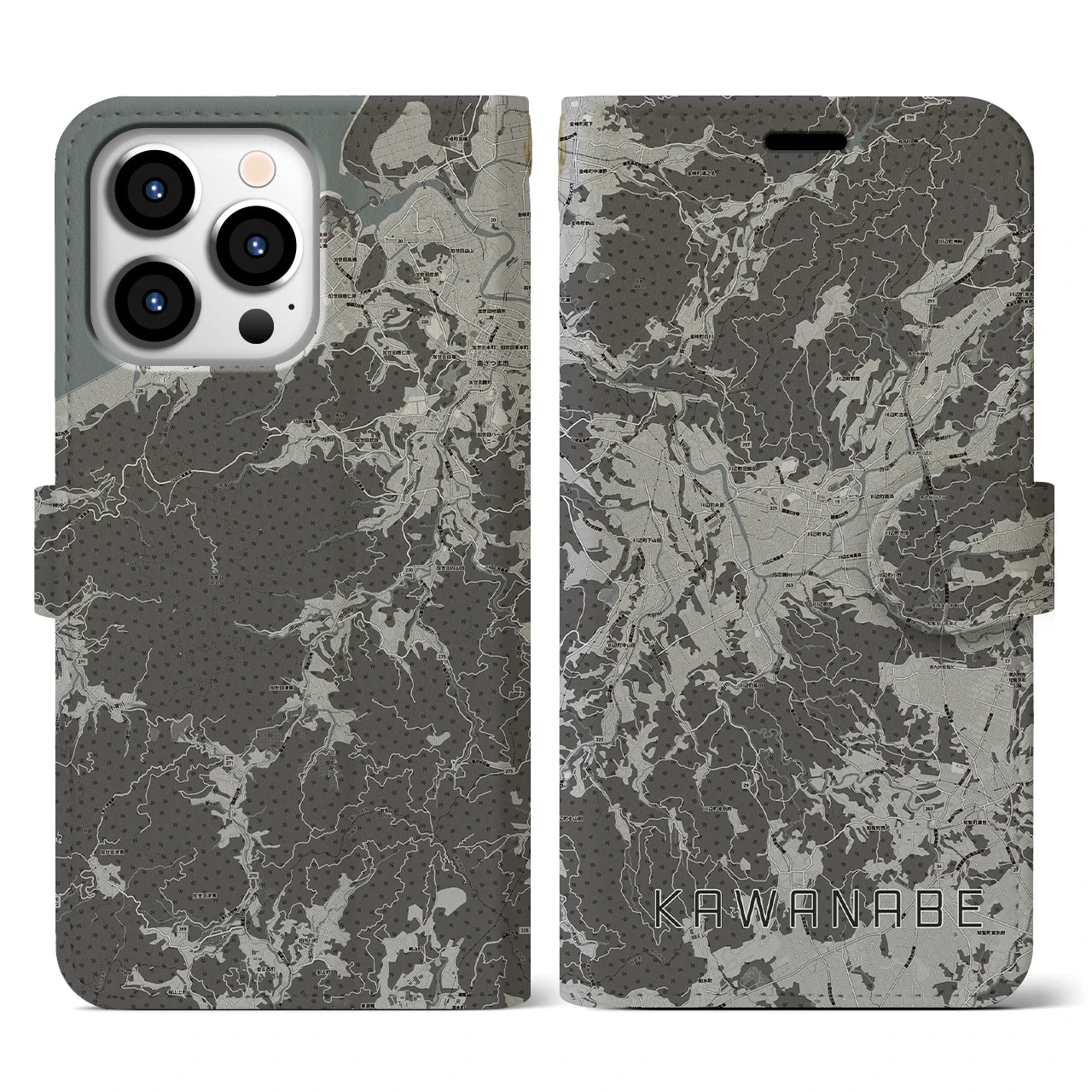 【川辺(鹿児島県)】地図柄iPhoneケース(手帳タイプ)モノトーン・iPhone 13 Pro 用