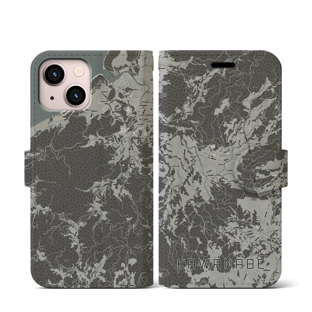 【川辺(鹿児島県)】地図柄iPhoneケース(手帳タイプ)モノトーン・iPhone 13 mini 用