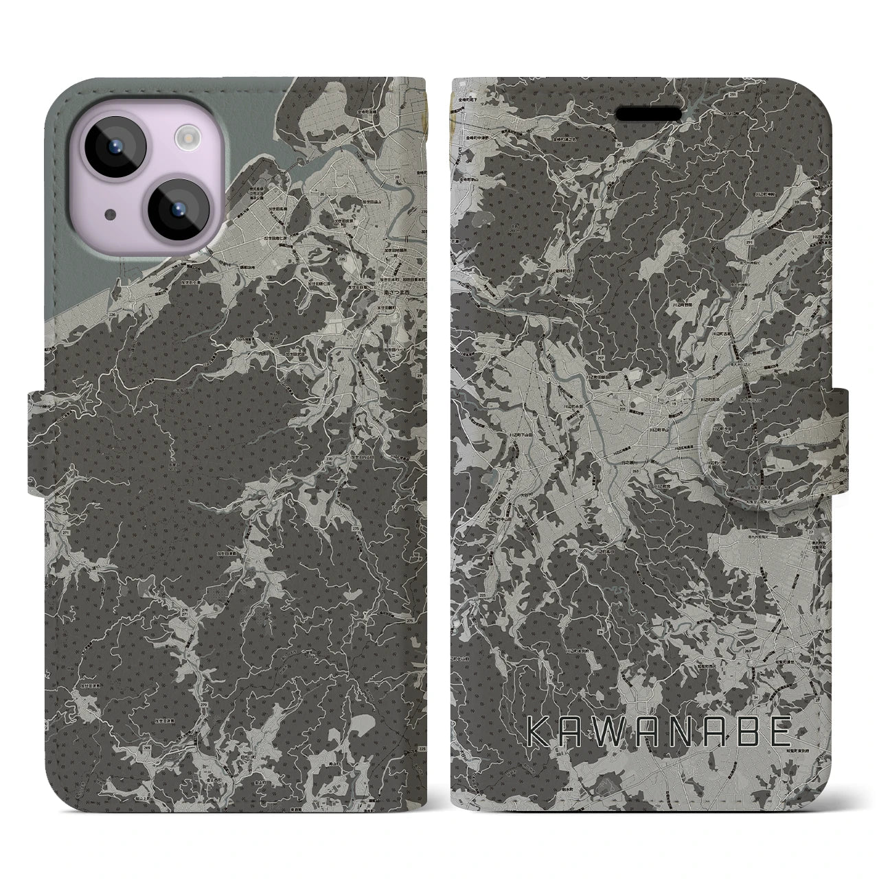 【川辺(鹿児島県)】地図柄iPhoneケース(手帳タイプ)モノトーン・iPhone 14 用