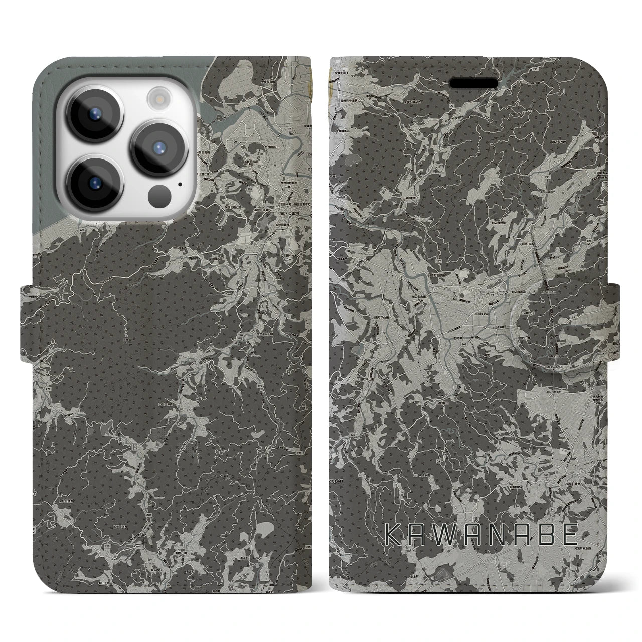 【川辺(鹿児島県)】地図柄iPhoneケース(手帳タイプ)モノトーン・iPhone 14 Pro 用