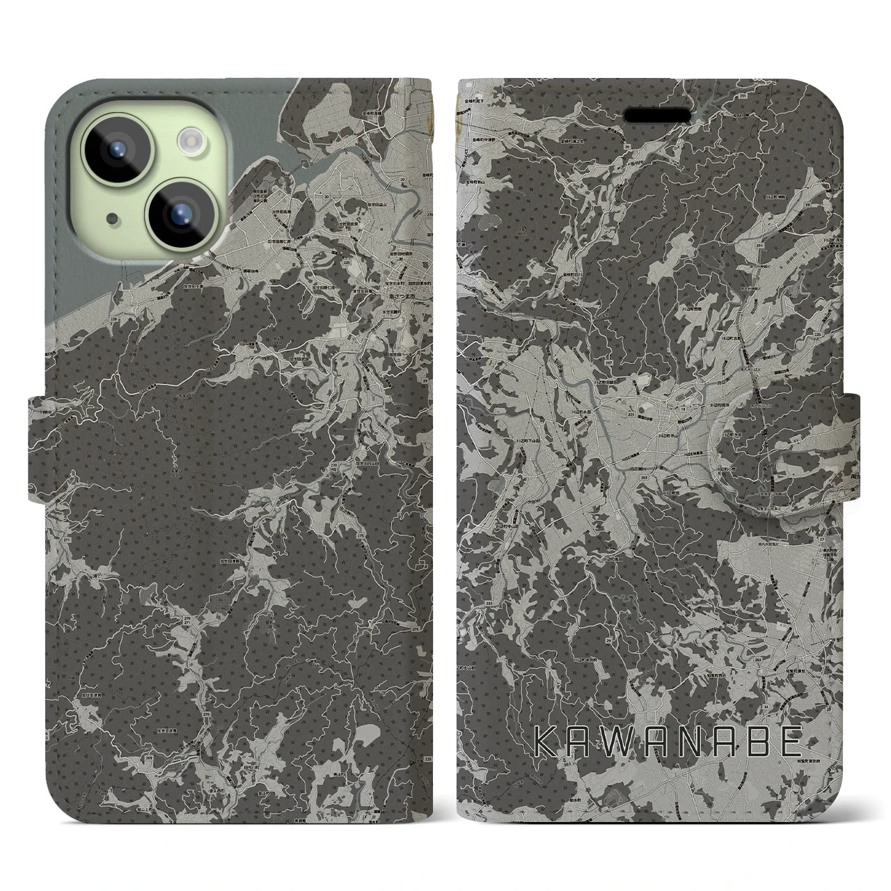 【川辺(鹿児島県)】地図柄iPhoneケース(手帳タイプ)モノトーン・iPhone 15 用