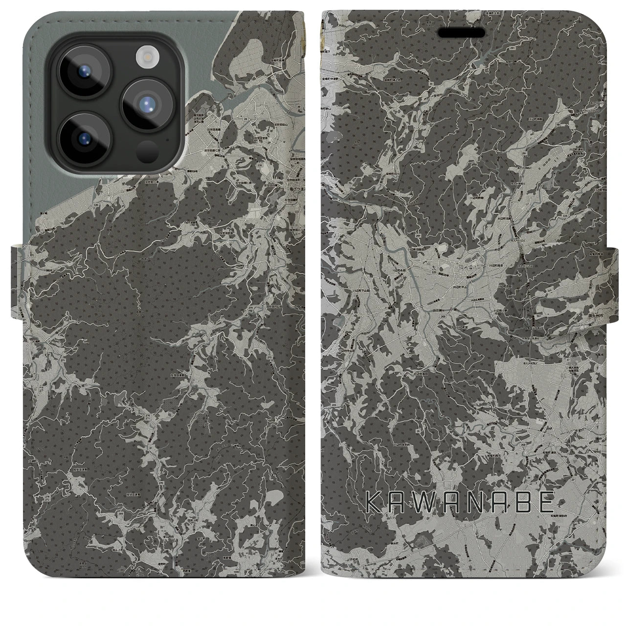 【川辺(鹿児島県)】地図柄iPhoneケース(手帳タイプ)モノトーン・iPhone 15 Pro Max 用