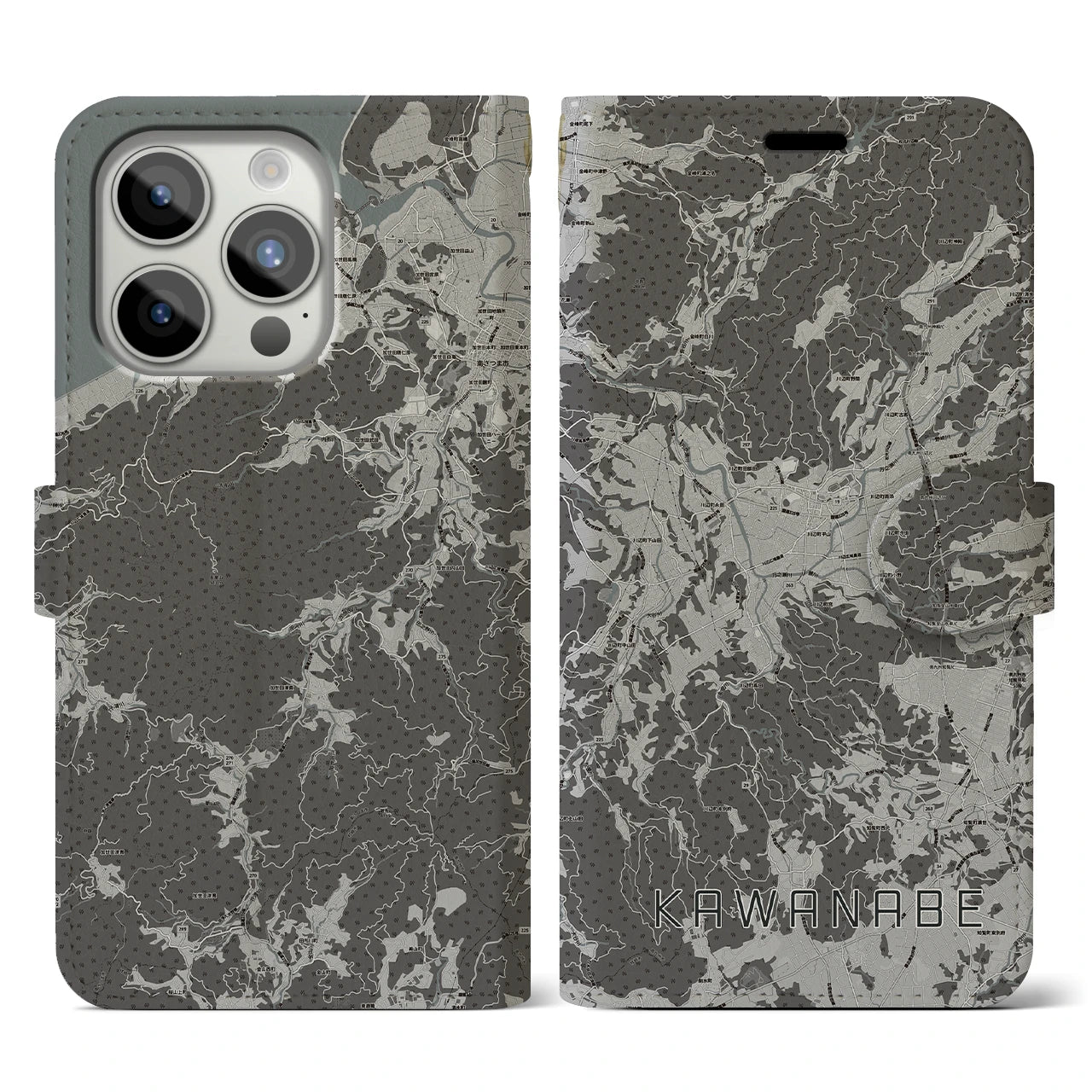 【川辺(鹿児島県)】地図柄iPhoneケース(手帳タイプ)モノトーン・iPhone 15 Pro 用