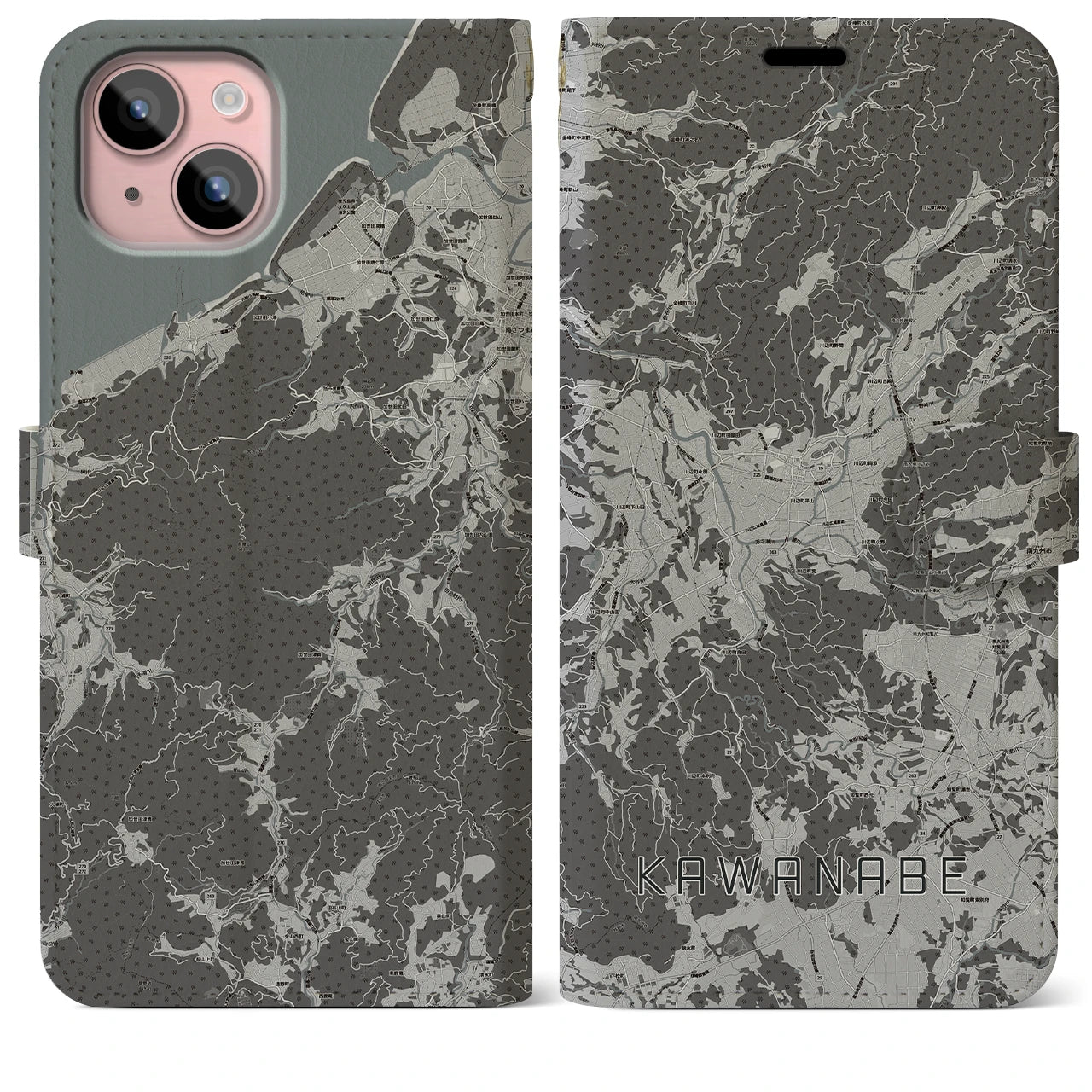 【川辺(鹿児島県)】地図柄iPhoneケース(手帳タイプ)モノトーン・iPhone 15 Plus 用
