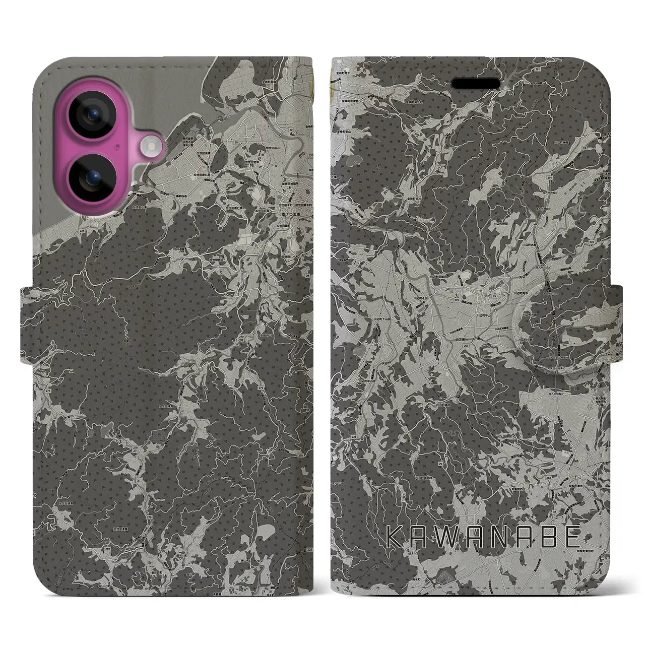 【川辺(鹿児島県)】地図柄iPhoneケース(手帳タイプ)モノトーン・iPhone 16 Pro 用