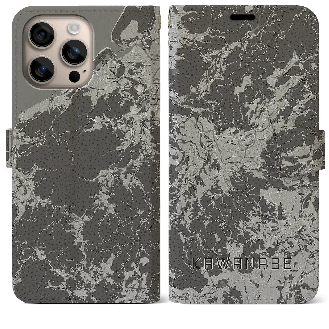 【川辺(鹿児島県)】地図柄iPhoneケース(手帳タイプ)モノトーン・iPhone 16 Plus 用