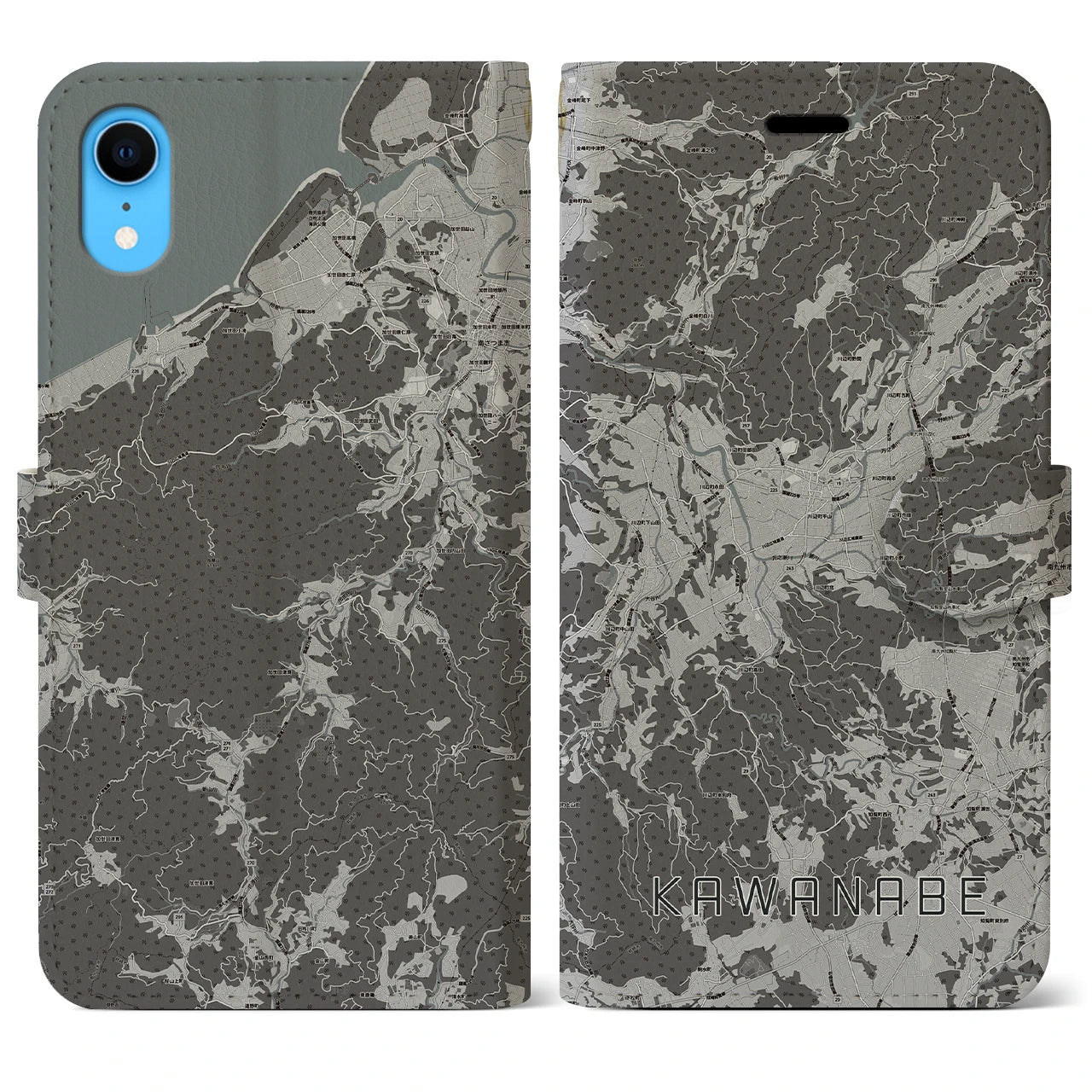【川辺(鹿児島県)】地図柄iPhoneケース(手帳タイプ)モノトーン・iPhone XR 用
