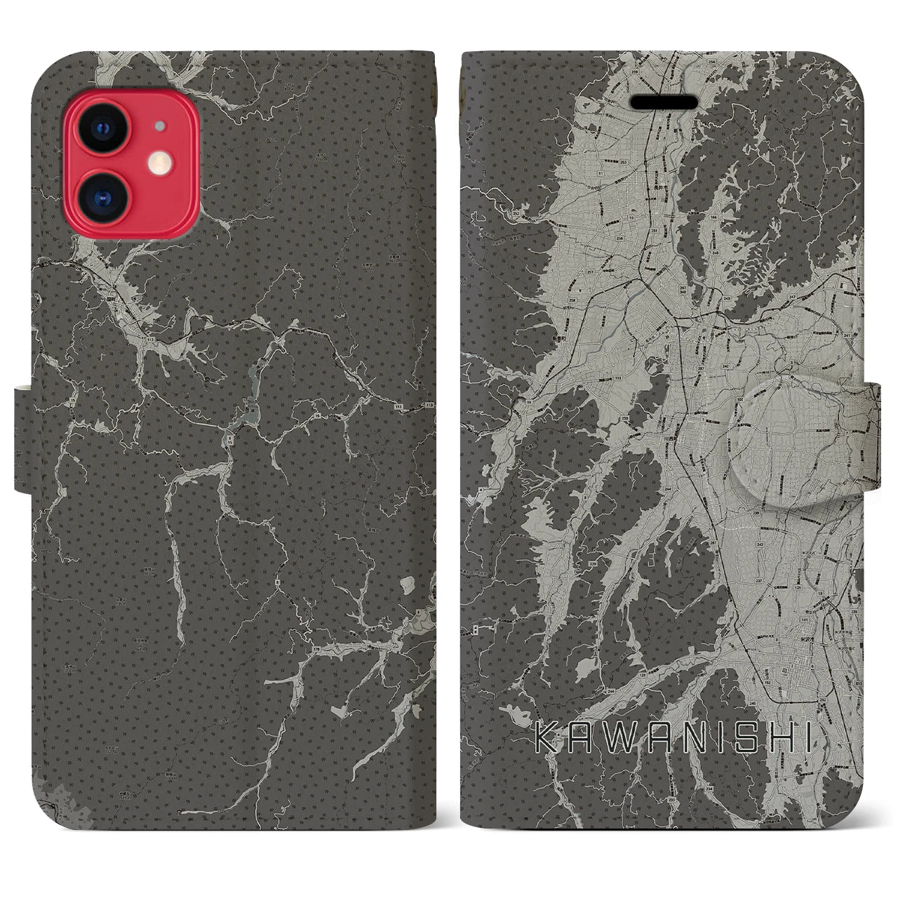 【川西(山形県)】地図柄iPhoneケース(手帳タイプ)モノトーン・iPhone 11 用