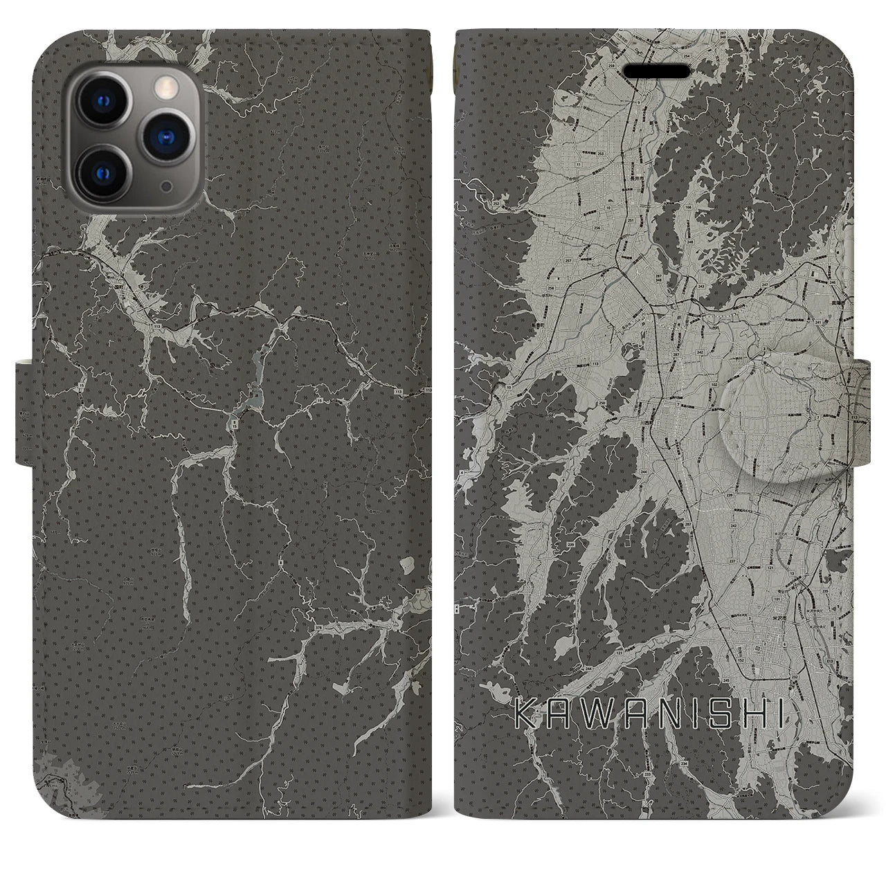 【川西(山形県)】地図柄iPhoneケース(手帳タイプ)モノトーン・iPhone 11 Pro Max 用