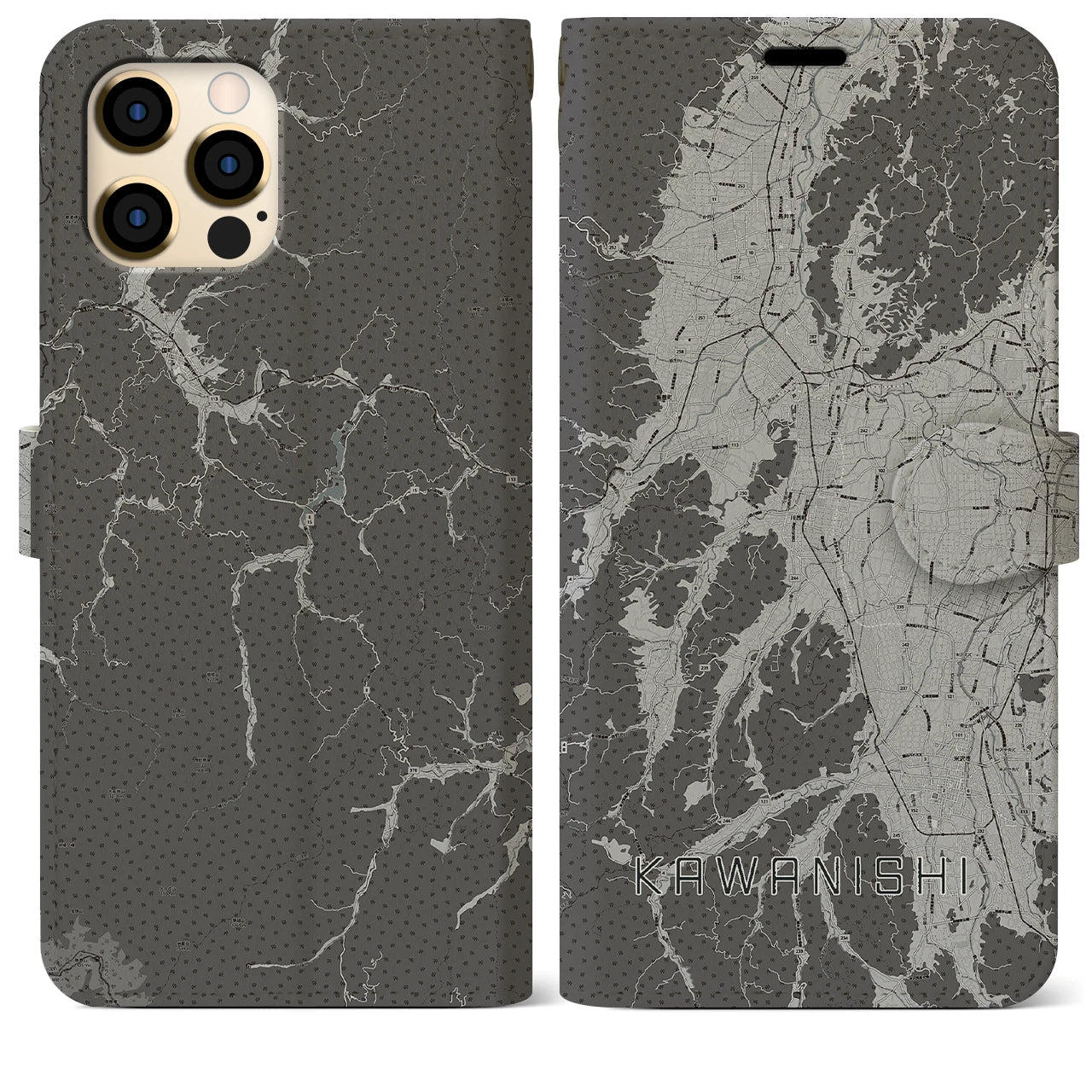 【川西(山形県)】地図柄iPhoneケース(手帳タイプ)モノトーン・iPhone 12 Pro Max 用