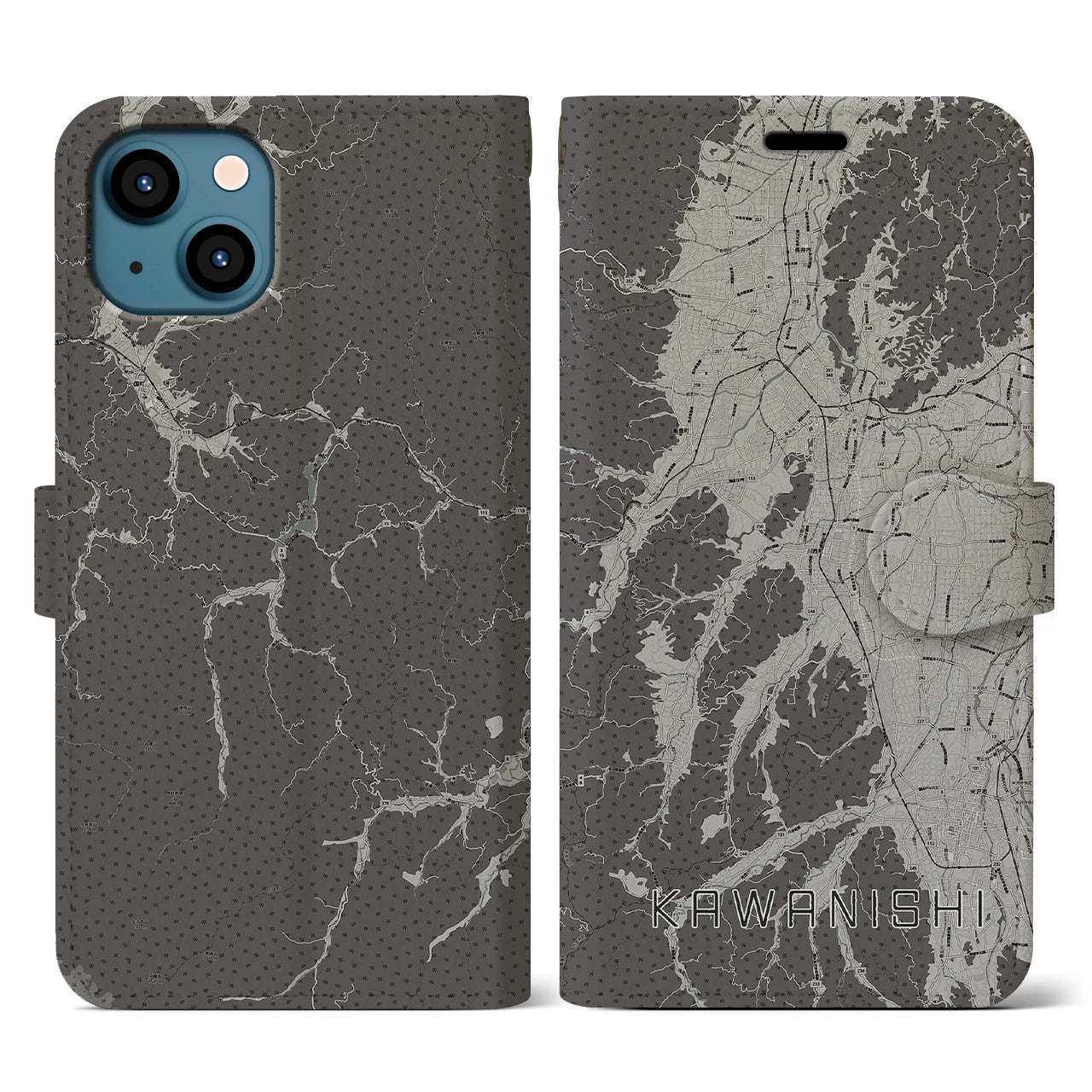 【川西(山形県)】地図柄iPhoneケース(手帳タイプ)モノトーン・iPhone 13 用