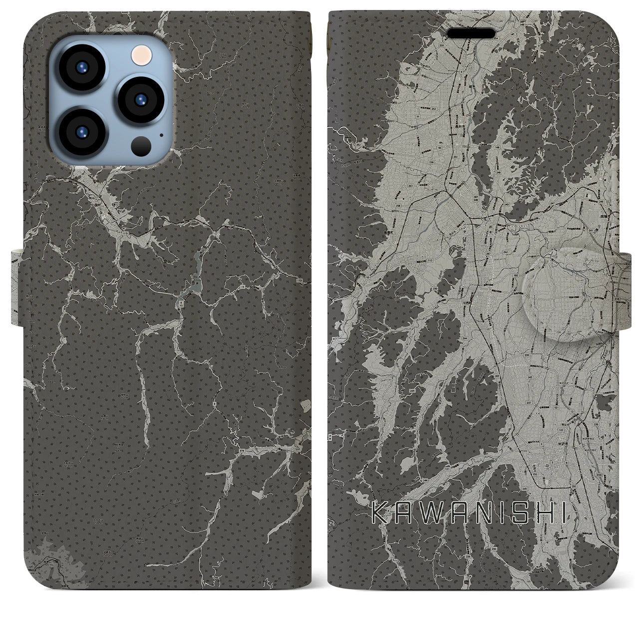 【川西(山形県)】地図柄iPhoneケース(手帳タイプ)モノトーン・iPhone 13 Pro Max 用