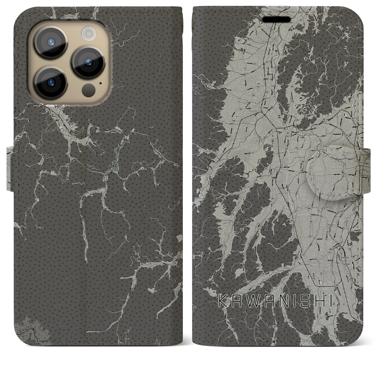 【川西(山形県)】地図柄iPhoneケース(手帳タイプ)モノトーン・iPhone 14 Pro Max 用